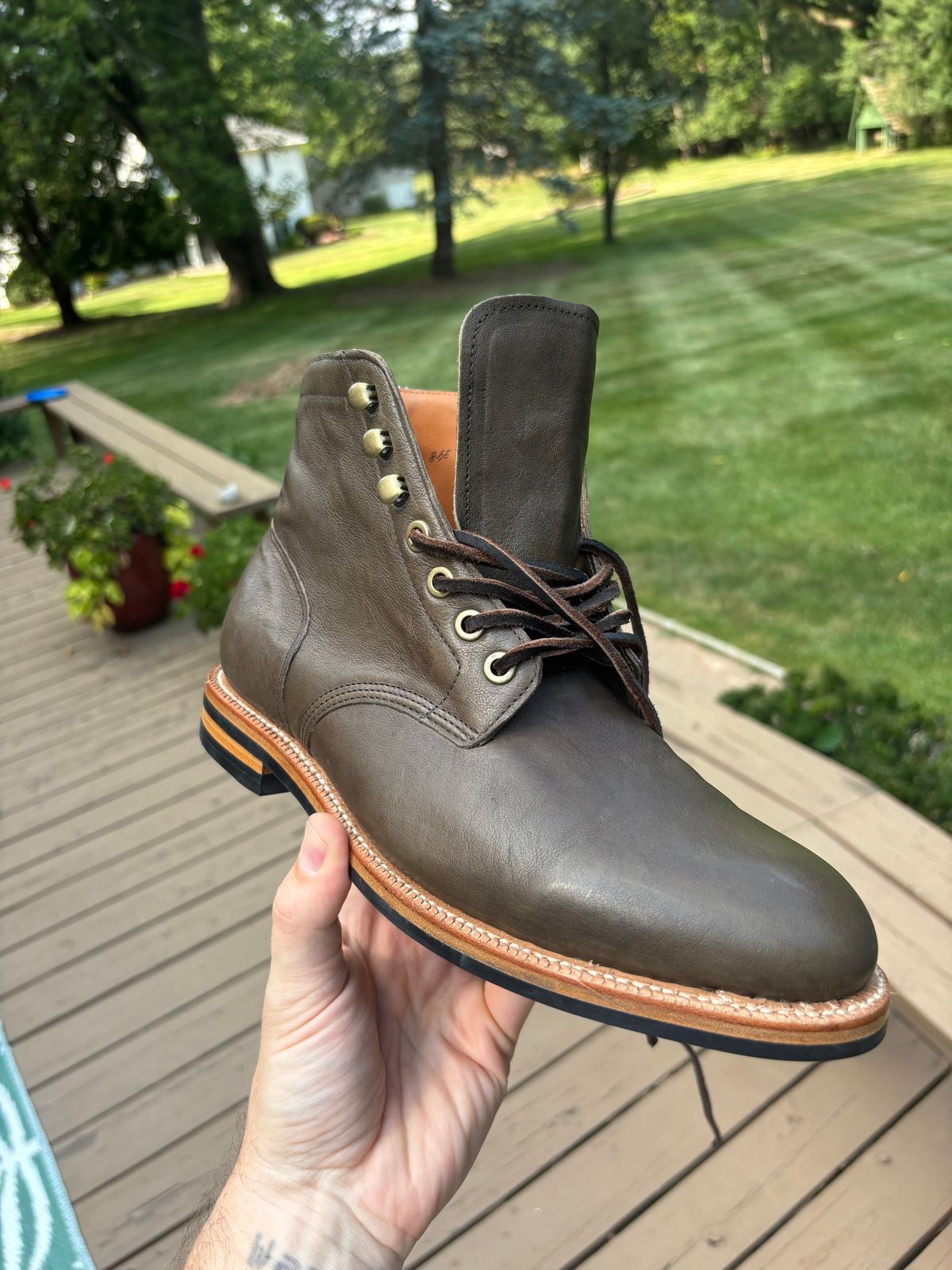 Photo by Sober_And_Faded on August 9, 2025 of the Grant Stone Diesel Boot in Incas Jungle Kangaroo.