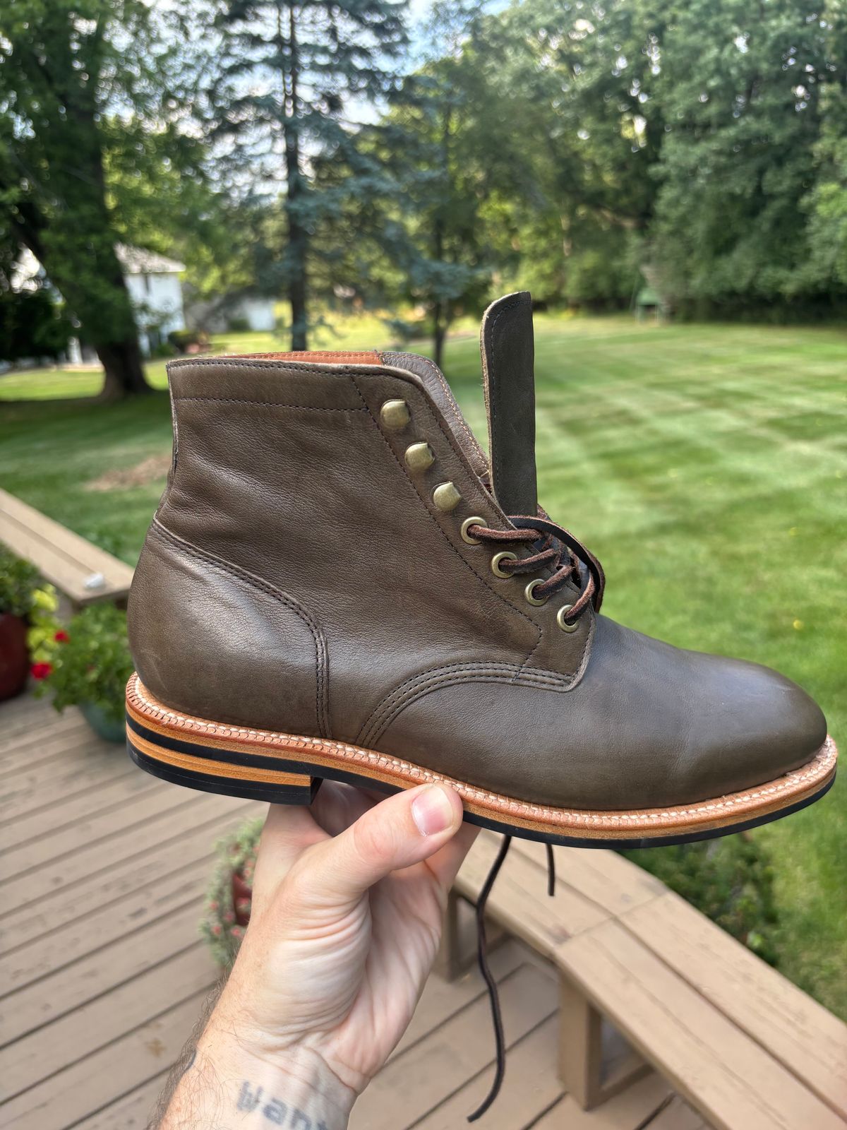 Photo by Sober_And_Faded on August 9, 2025 of the Grant Stone Diesel Boot in Incas Jungle Kangaroo.