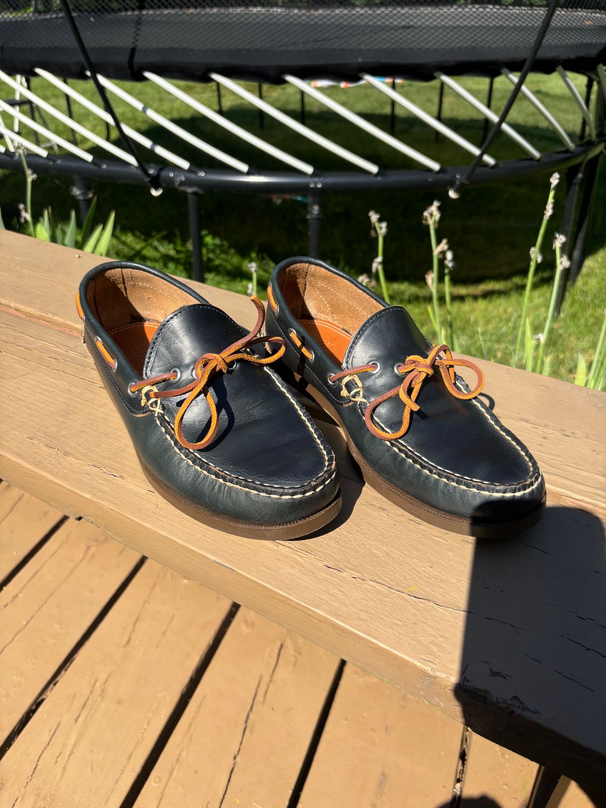 Photo by Sober_And_Faded on July 21, 2025 of the Oak Street Bootmakers Camp Moc in Horween Navy Chromexcel.