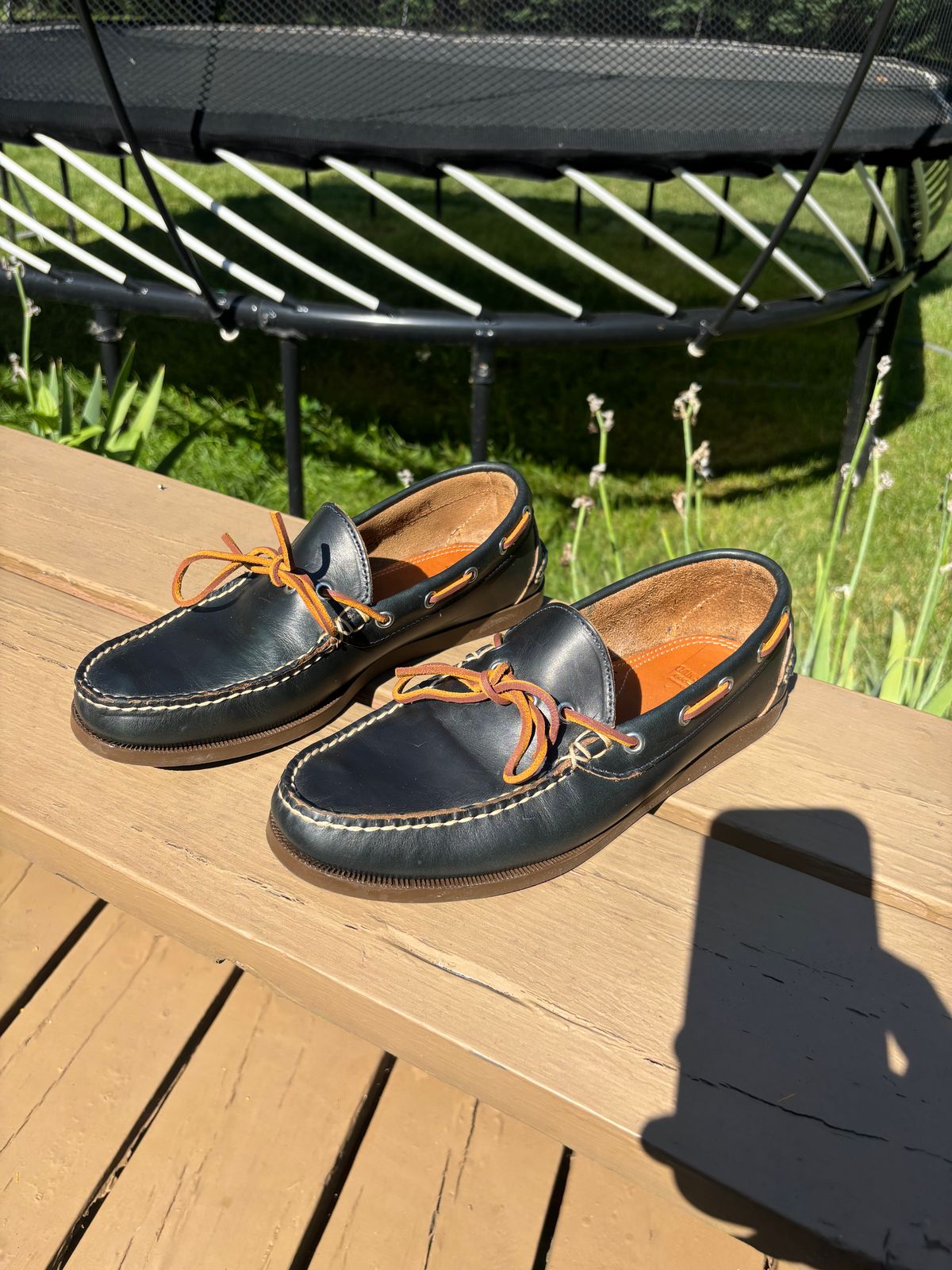 Photo by Sober_And_Faded on July 21, 2025 of the Oak Street Bootmakers Camp Moc in Horween Navy Chromexcel.