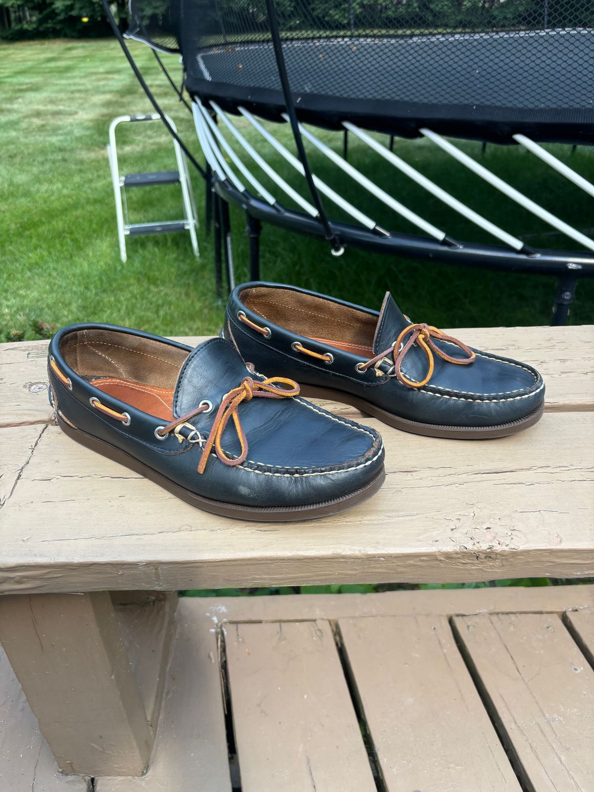 Photo by Sober_And_Faded on August 9, 2025 of the Oak Street Bootmakers Camp Moc in Horween Navy Chromexcel.