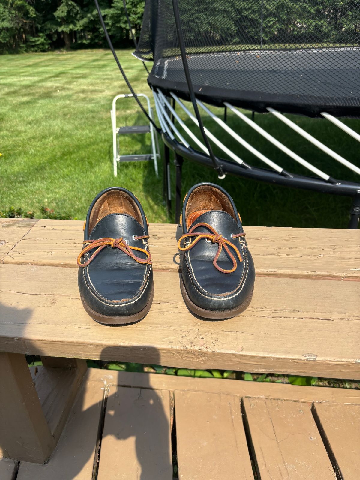 Photo by Sober_And_Faded on August 9, 2025 of the Oak Street Bootmakers Camp Moc in Horween Navy Chromexcel.