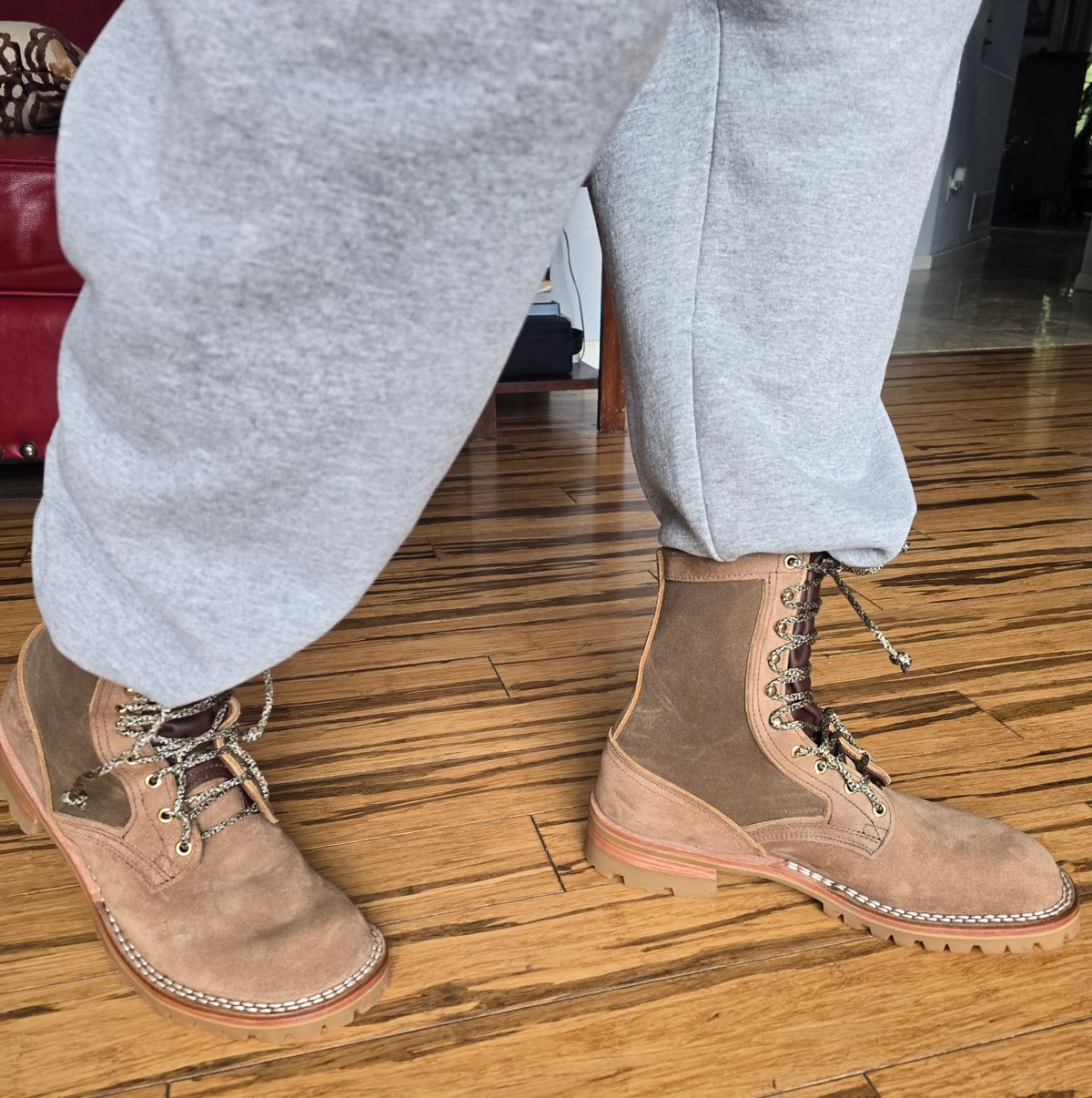 Photo by gtealcr on May 19, 2026 of the Nicks X Heat Straps Upperducker in Nicks Seidel 64 Tan Roughout & Heatstraps Cotton Canvas.