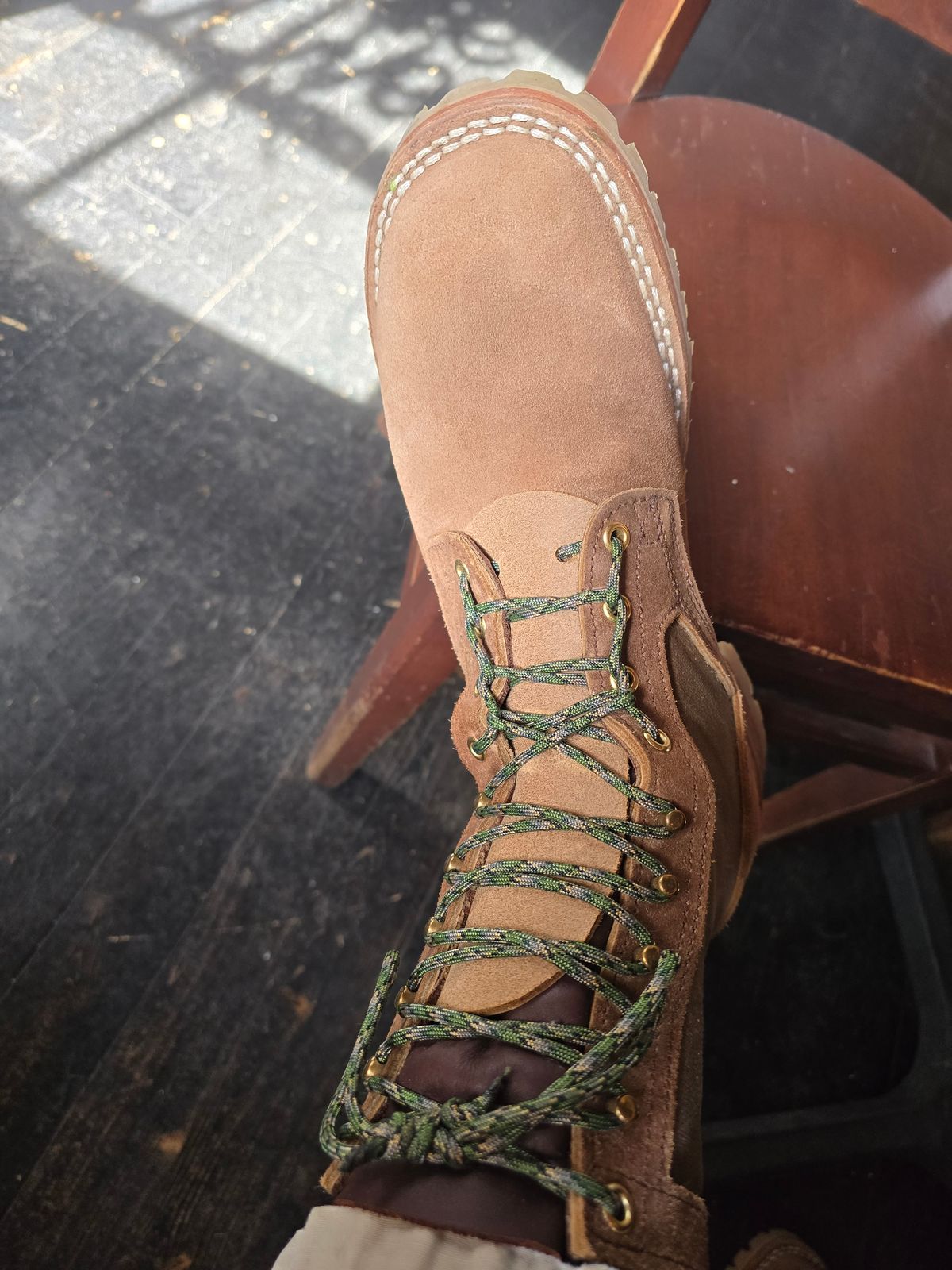 Photo by gtealcr on June 1, 2026 of the Nicks X Heat Straps Upperducker in Nicks Seidel 64 Tan Roughout & Heatstraps Cotton Canvas.