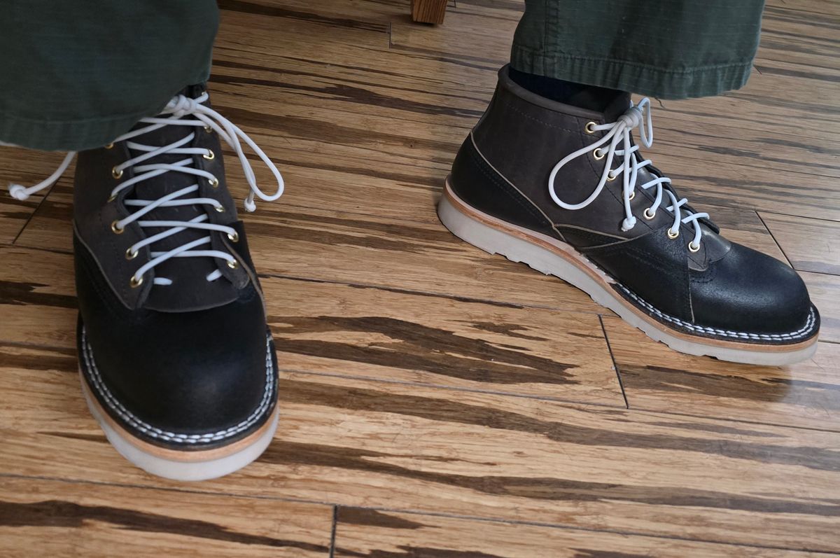 Photo by gtealcr on May 9, 2026 of the Nicks Nicks X Stitchdown Bromley in Horween Pacific Waxed Flesh & Horween Cypress Light Grey.