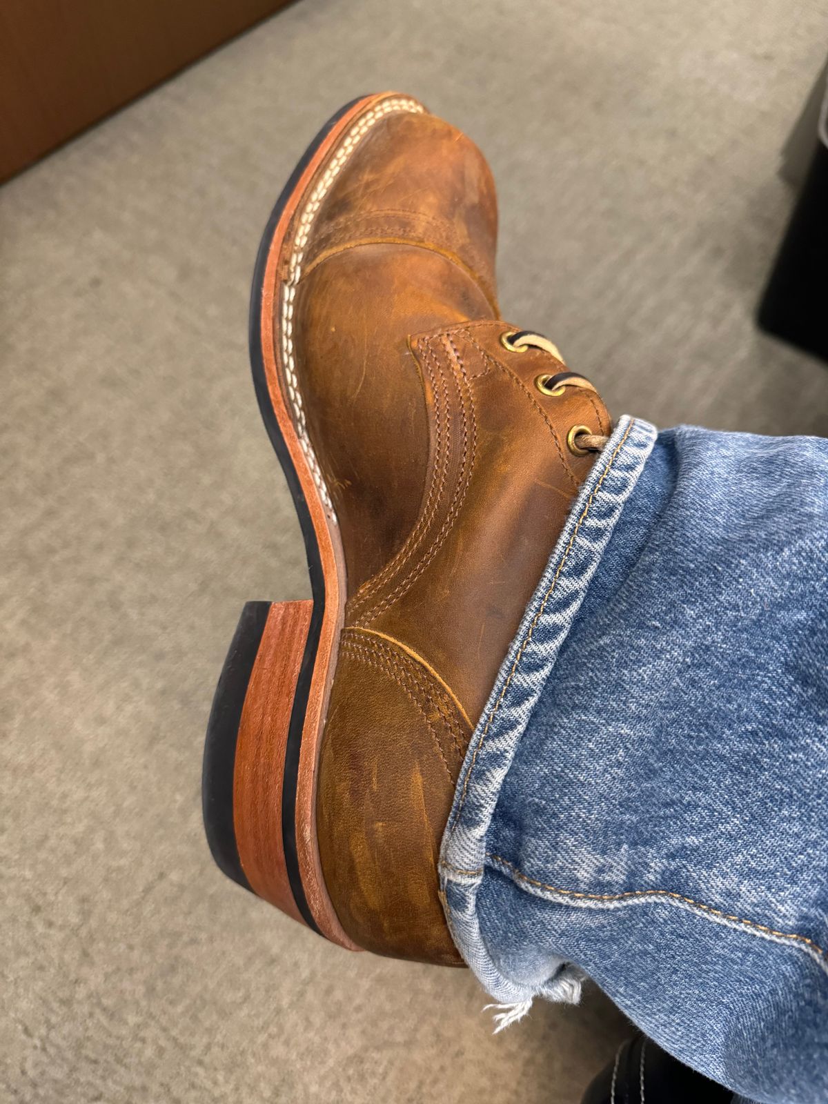 Photo by Sasquatch430 on August 1, 2024 of the Nicks Charley in Horween Orange Predator.