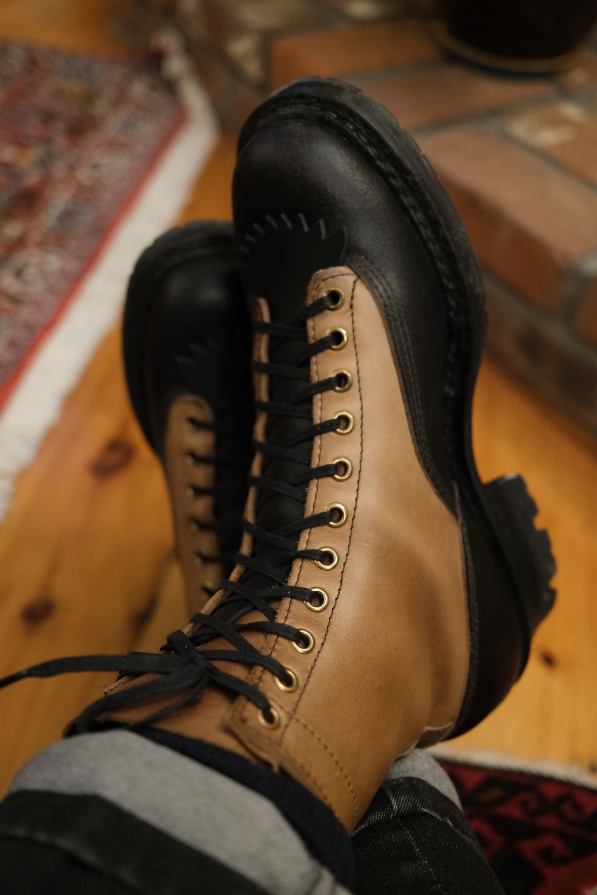 Photo by Fardad on March 6, 2025 of the White's x Division Road LTT Logger 375 in Horween Natural Chromexcel & Horween Black Waxed Flesh.