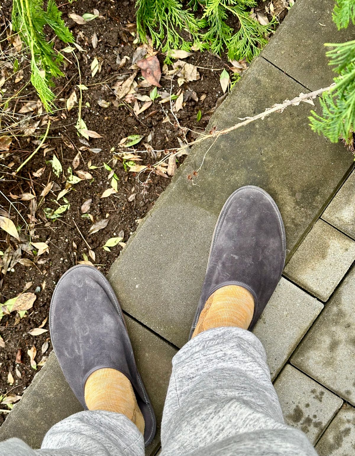 Photo by Thehambergerlar on February 25, 2024 of the Viberg Slide in C.F. Stead Navy Janus Calf Suede.