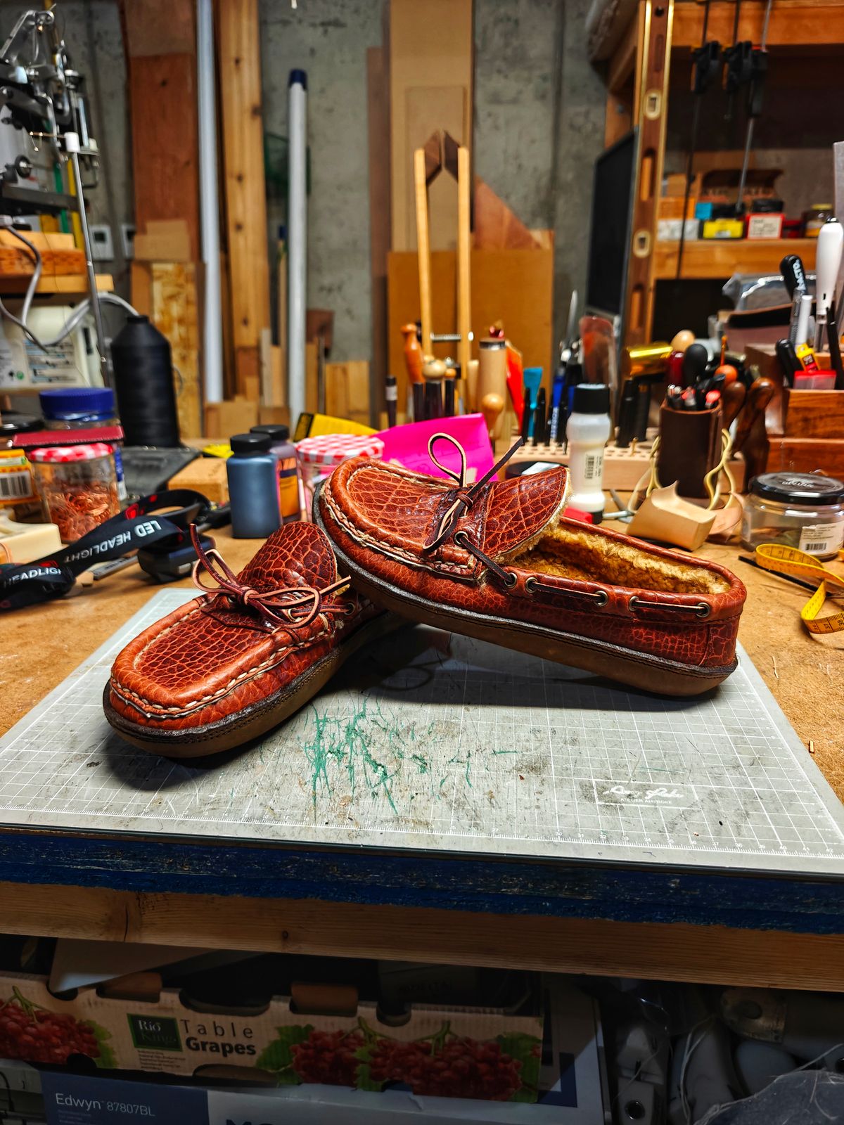 Photo by x24sousa on April 26, 2026 of the X24 Leathers Camp Moc Slipper in Law Tanning Peanut Big Horn Shrunken Bison.