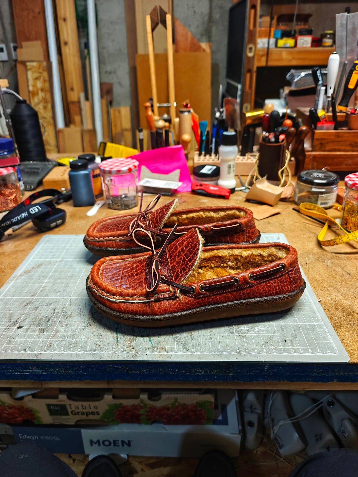 Photo by x24sousa on April 26, 2026 of the X24 Leathers Camp Moc Slipper in Law Tanning Peanut Big Horn Shrunken Bison.