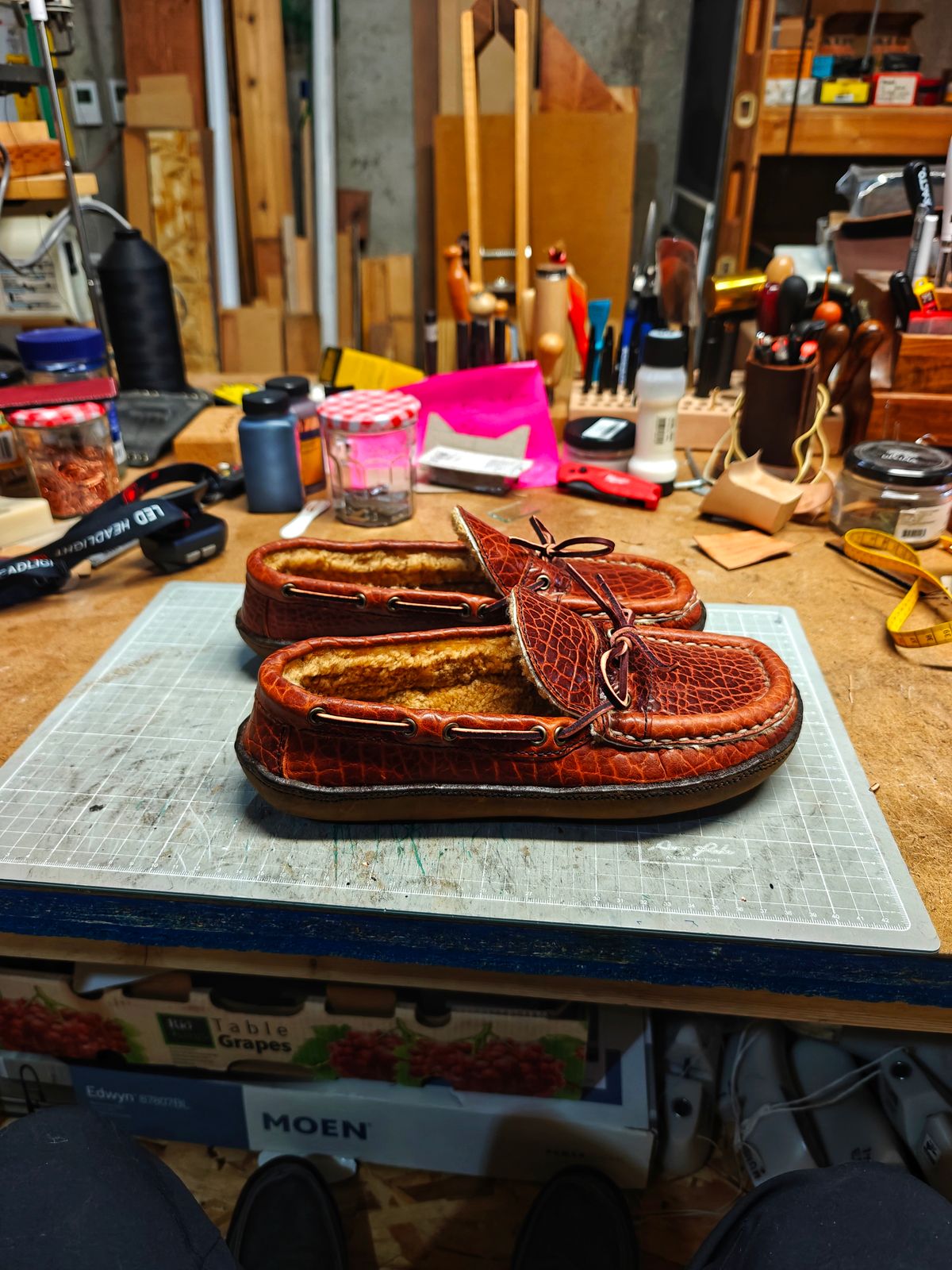 Photo by x24sousa on April 26, 2026 of the X24 Leathers Camp Moc Slipper in Law Tanning Peanut Big Horn Shrunken Bison.