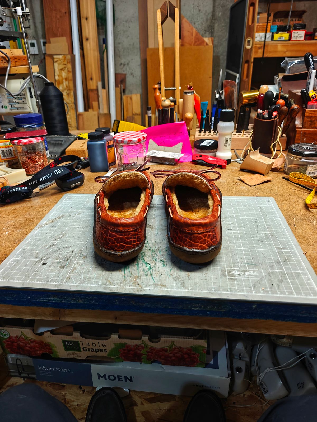 Photo by x24sousa on April 26, 2026 of the X24 Leathers Camp Moc Slipper in Law Tanning Peanut Big Horn Shrunken Bison.