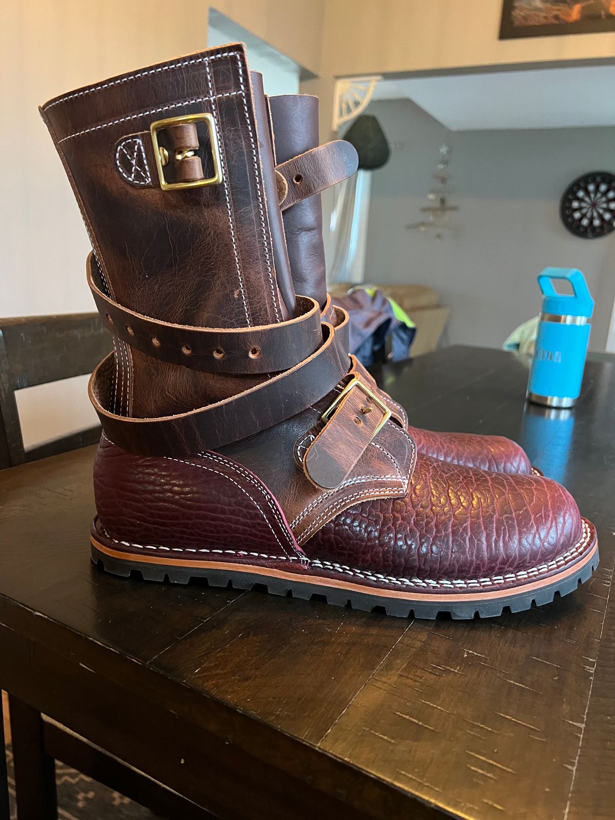 Photo by petejones418 on November 19, 2025 of the Nicks TankerPro in Italian Brown Cypress & Law Tanning Oxblood Smooth Shruken Bison.