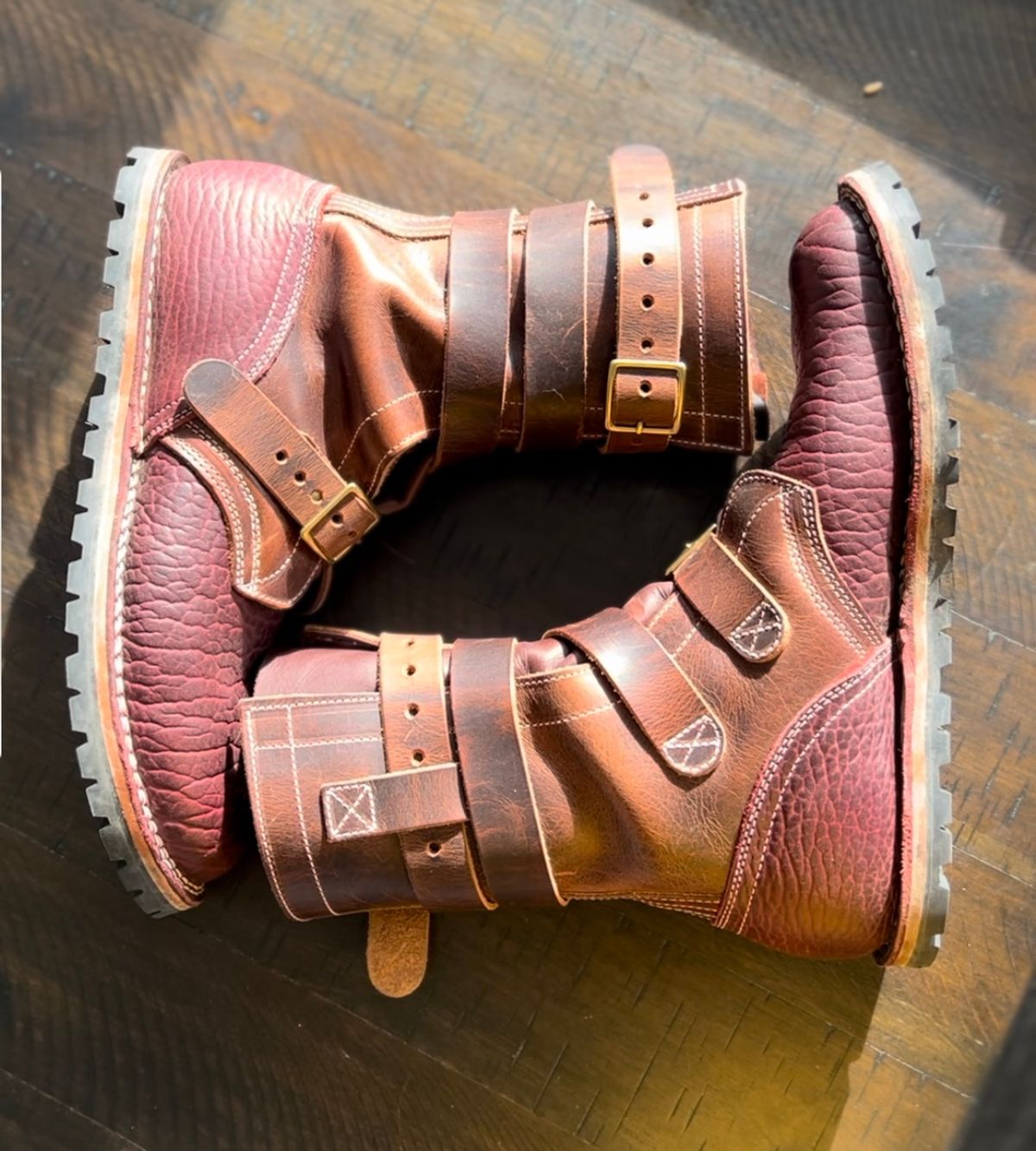 Photo by petejones418 on November 27, 2025 of the Nicks TankerPro in Italian Brown Cypress & Law Tanning Oxblood Smooth Shruken Bison.