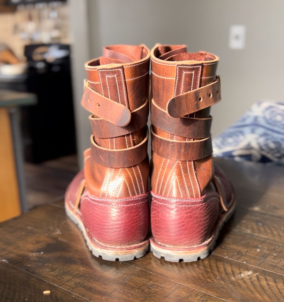 Photo by petejones418 on November 27, 2025 of the Nicks TankerPro in Italian Brown Cypress & Law Tanning Oxblood Smooth Shruken Bison.