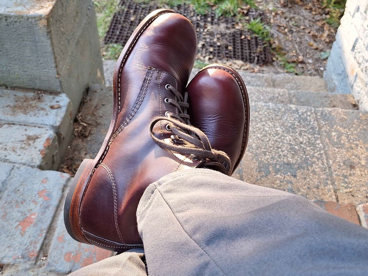 Photo by Arto on October 21, 2024 of the Wolverine 1000 Mile Plain-Toe Boot in Horween Burgundy Chromexcel.