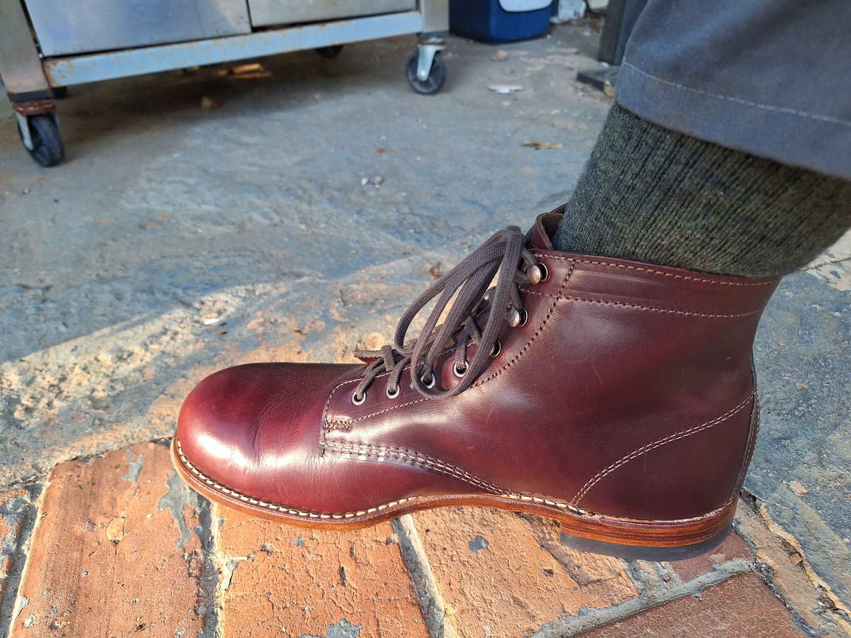 Photo by Arto on October 21, 2024 of the Wolverine 1000 Mile Plain-Toe Boot in Horween Burgundy Chromexcel.