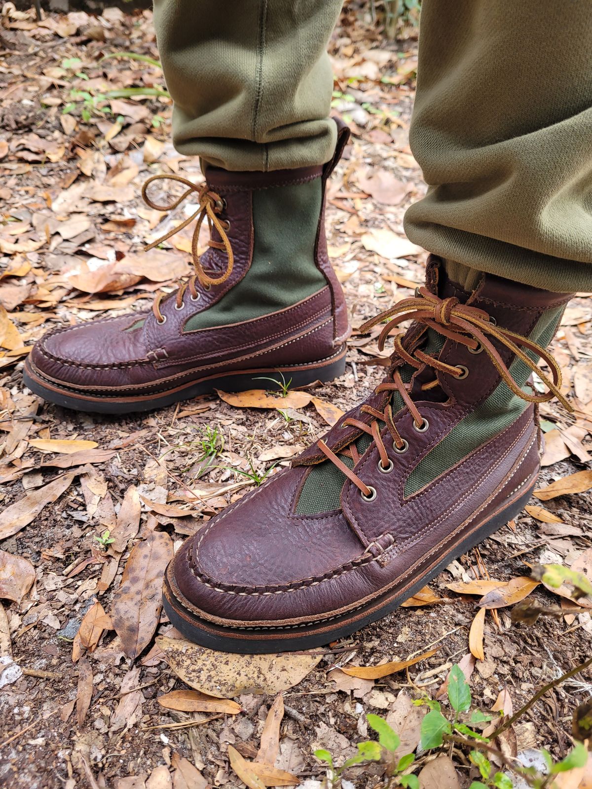 Photo by markieballa on December 15, 2024 of the Easymoc Rangeley Boot in Seidel Chocolate Grizzly & Martexin Green Waxed Canvas.