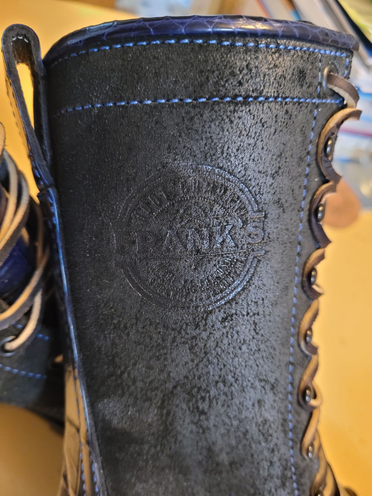 Photo by markieballa on July 11, 2025 of the Frank's Boots Type 2 Highlander in Blue Nile Crocodile & Black Roughout Work Leather.