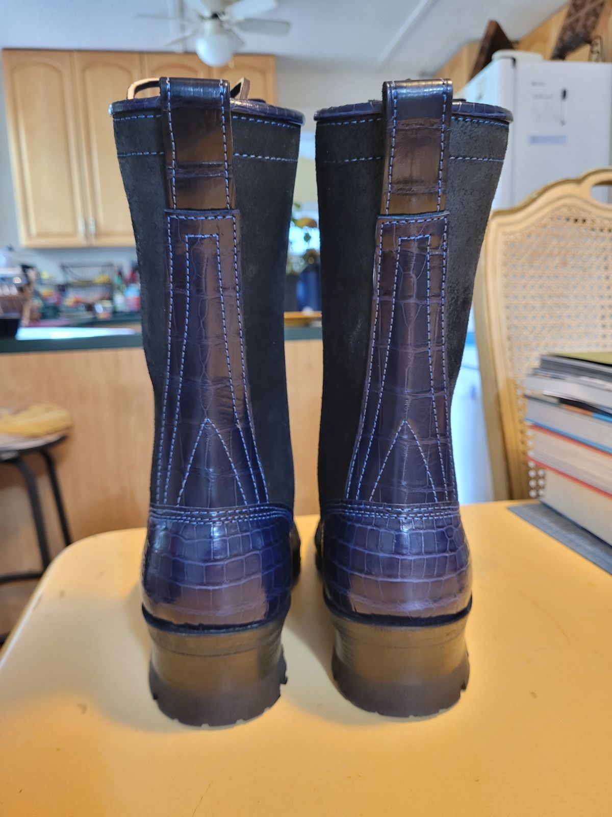 Photo by markieballa on July 11, 2025 of the Frank's Boots Type 2 Highlander in Blue Nile Crocodile & Black Roughout Work Leather.