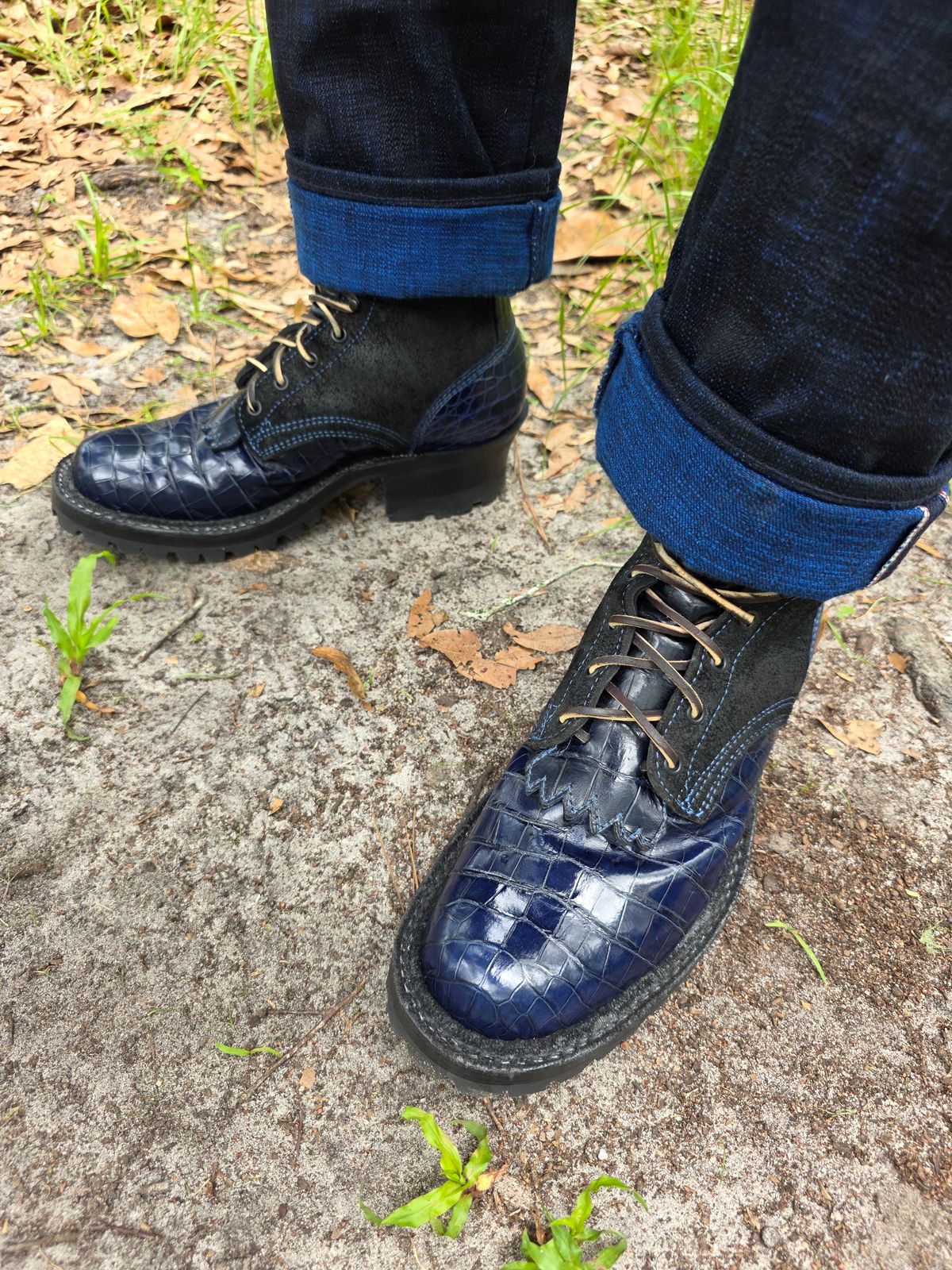 Photo by markieballa on June 8, 2026 of the Frank's Boots Type 2 Highlander in Blue Nile Crocodile & Black Roughout Work Leather.