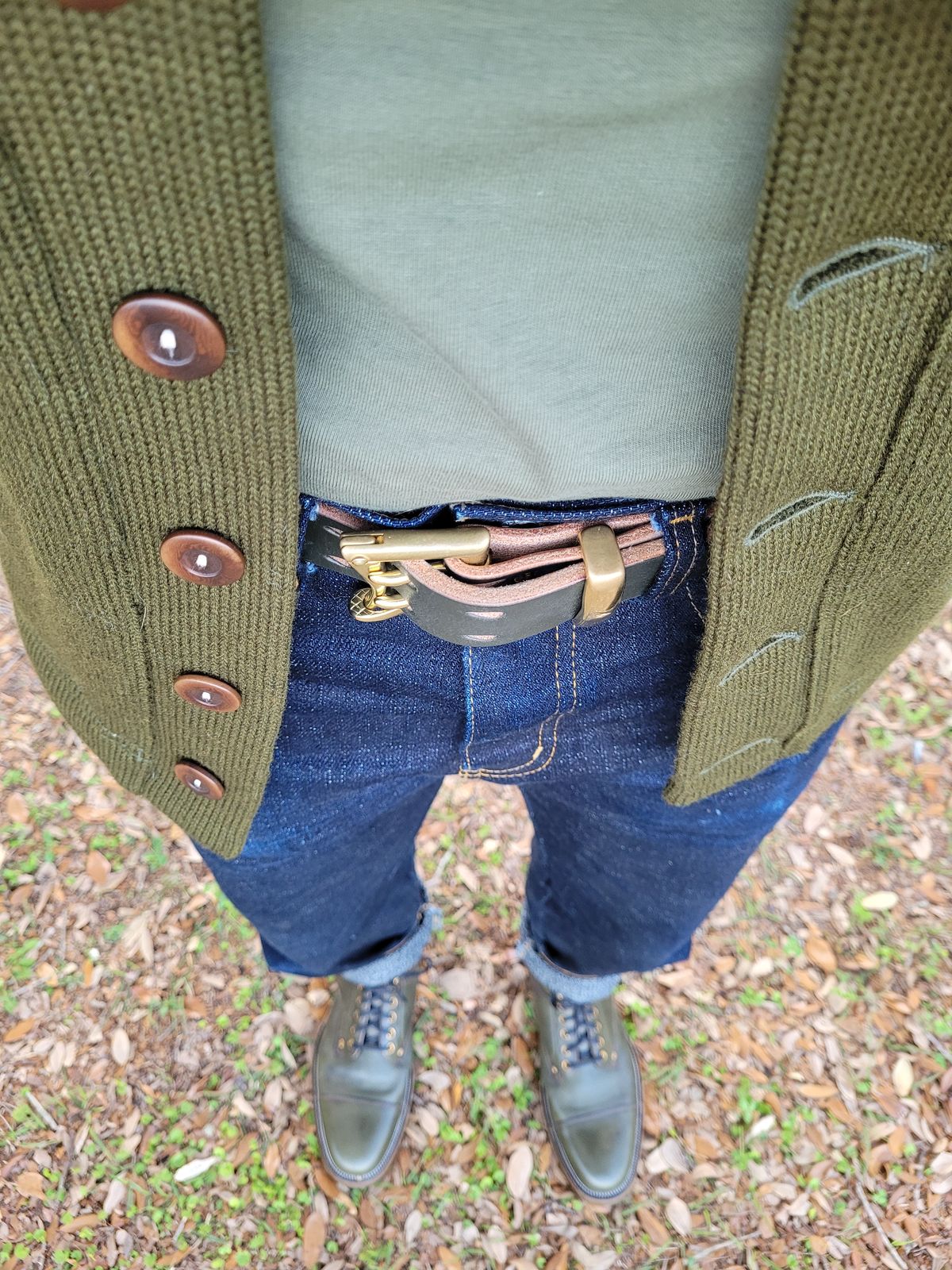 Photo by markieballa on March 17, 2025 of the Iron Boots x Østmo Type 1 in Horween Pioneer Hand-dyed Patinated Green.