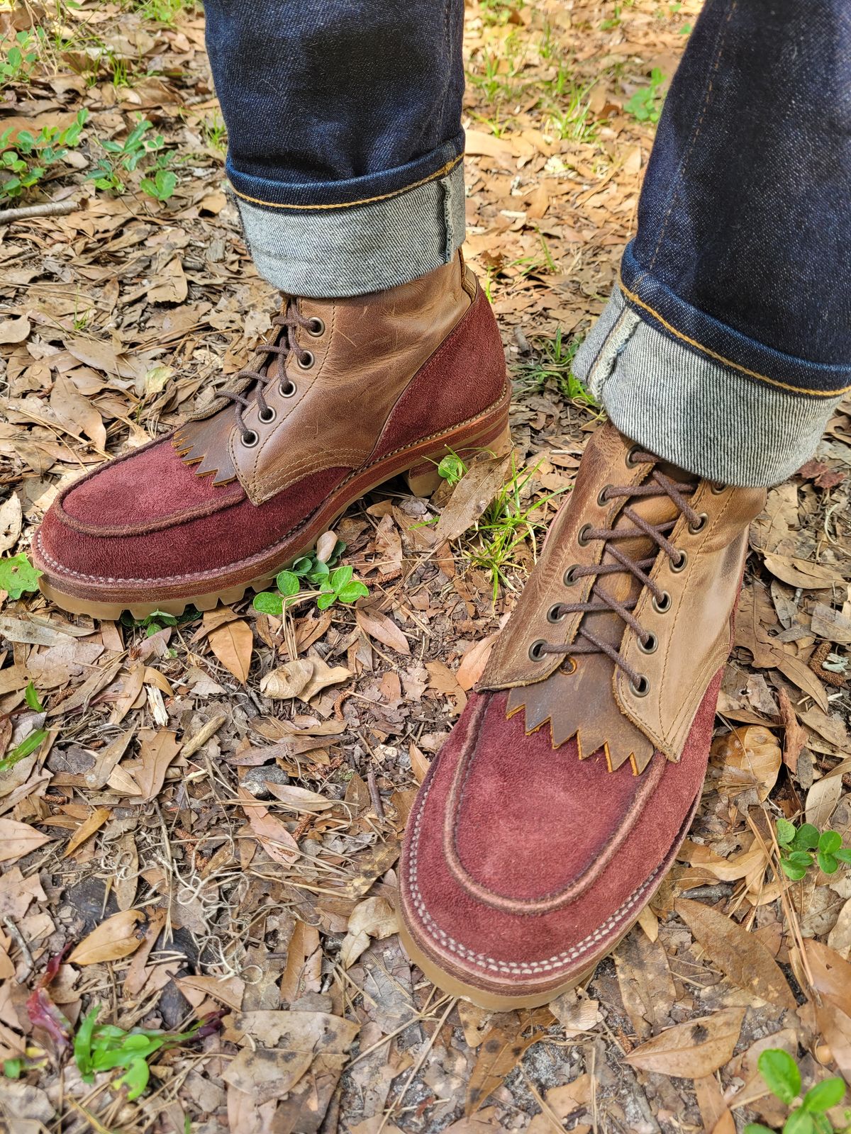 Photo by markieballa on May 25, 2025 of the Fortis Boots Moc Toe Boots in Indonesian Crazy Horse & Indonesian Burgundy Pull Up Roughout.