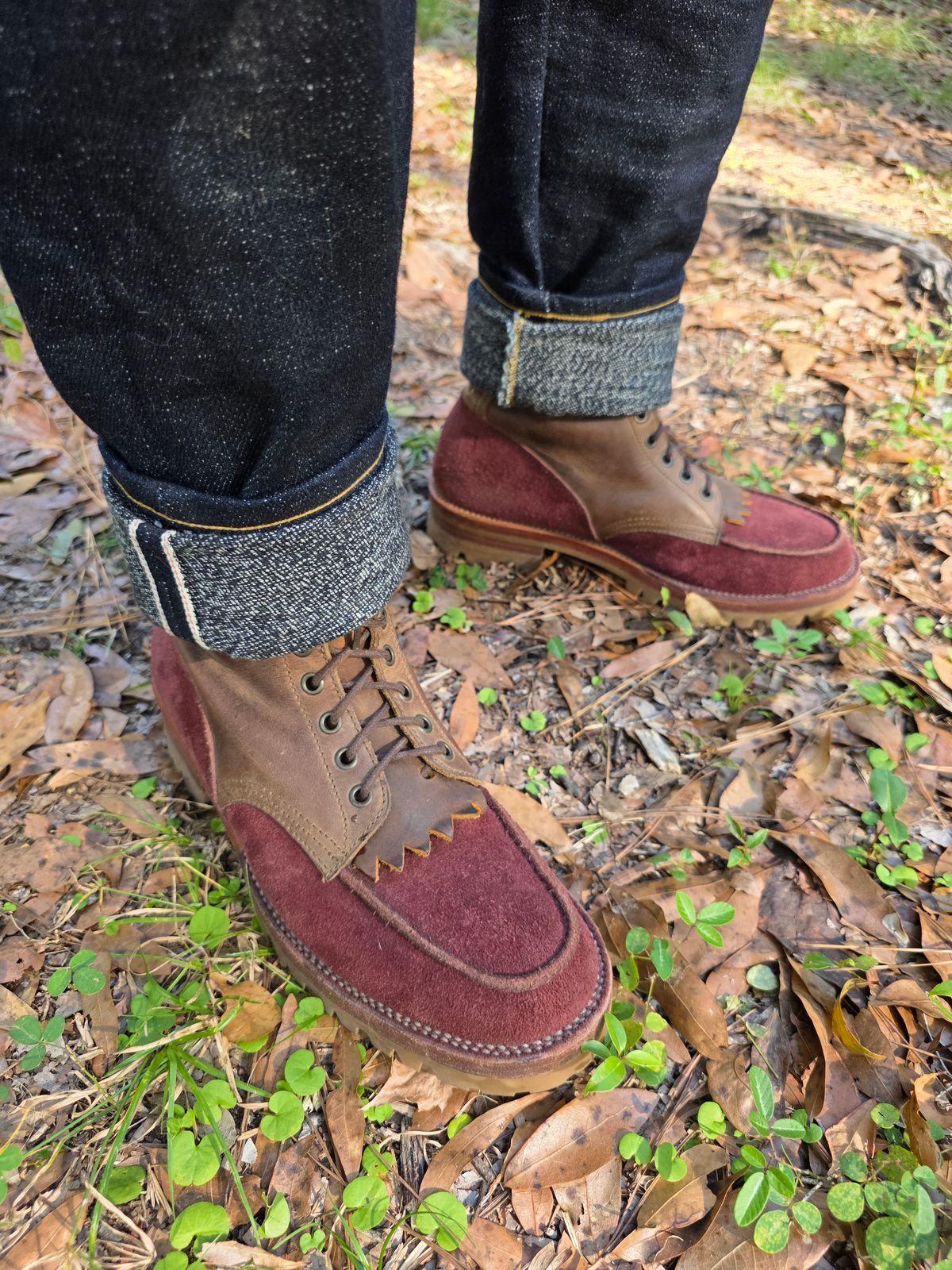 Photo by markieballa on November 5, 2025 of the Fortis Boots Moc Toe Boots in Indonesian Crazy Horse & Indonesian Burgundy Pull Up Roughout.