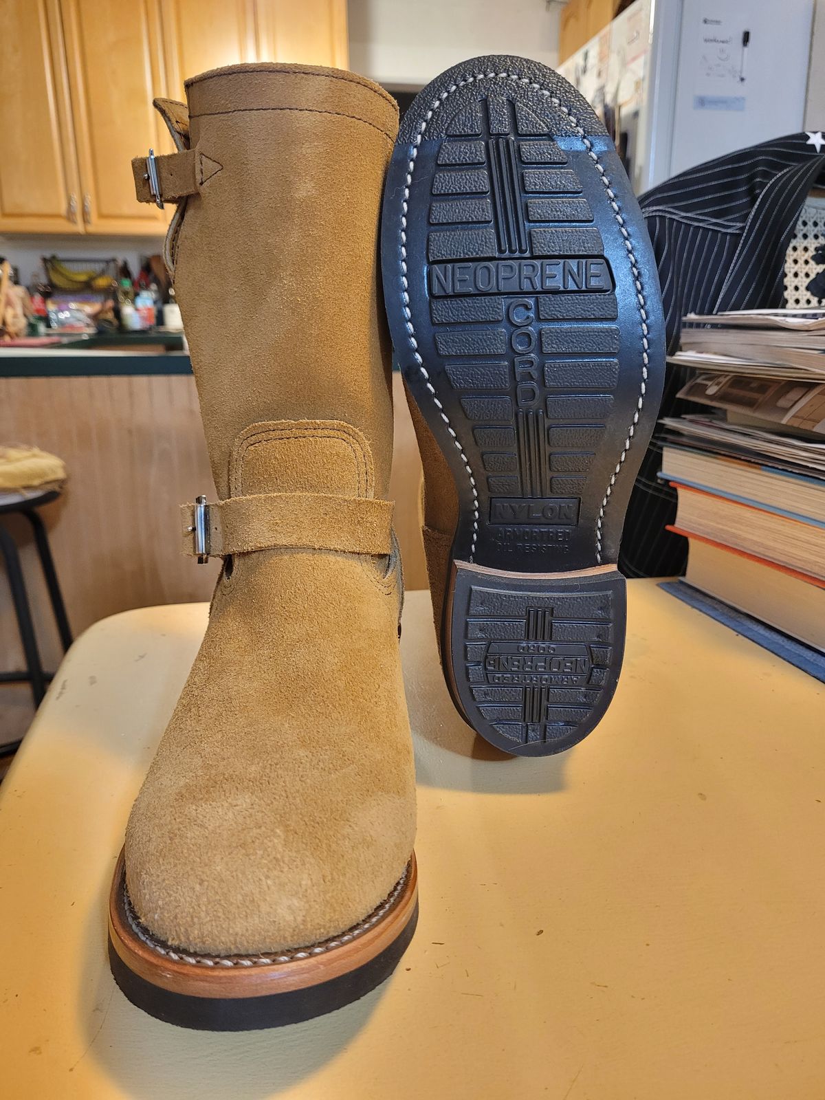 Photo by markieballa on June 4, 2025 of the Keystone Shoe Company Engineer Boot in Tan Roughout.