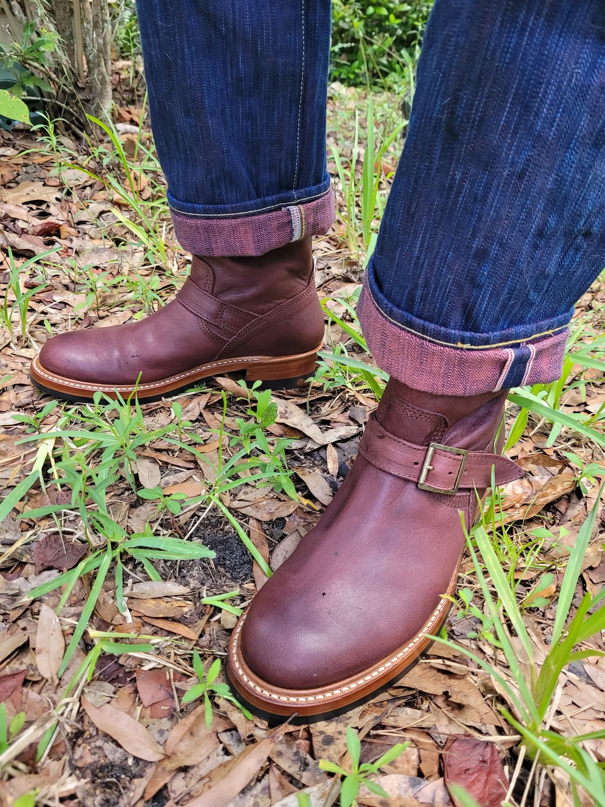 Photo by markieballa on July 7, 2025 of the John Lofgren Wabash Engineer Boots in Burnt Burgundy Ezo Shika Deerskin.