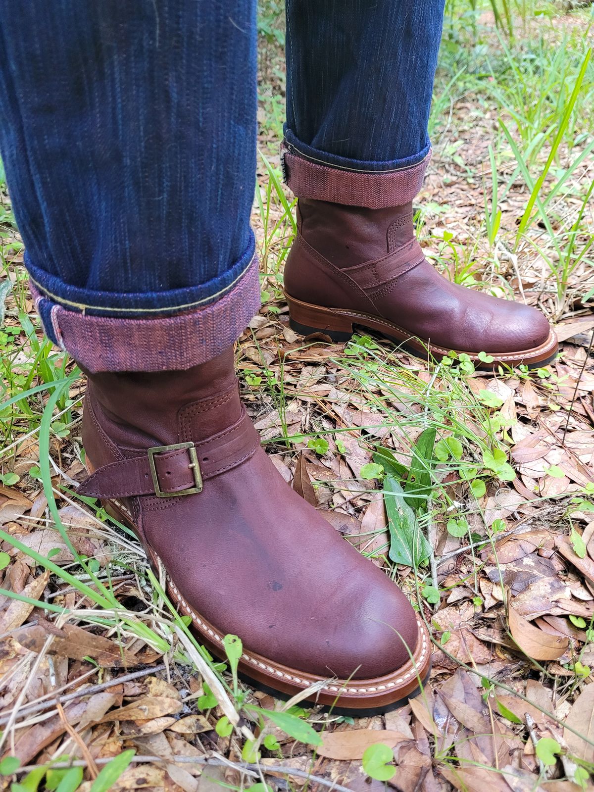 Photo by markieballa on July 7, 2025 of the John Lofgren Wabash Engineer Boots in Burnt Burgundy Ezo Shika Deerskin.