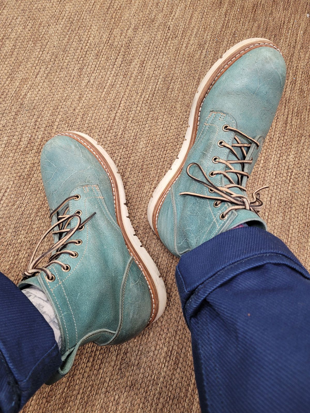 Photo by markieballa on June 16, 2025 of the Truman Plain Toe Boot in C.F. Stead Aqua Rambler.