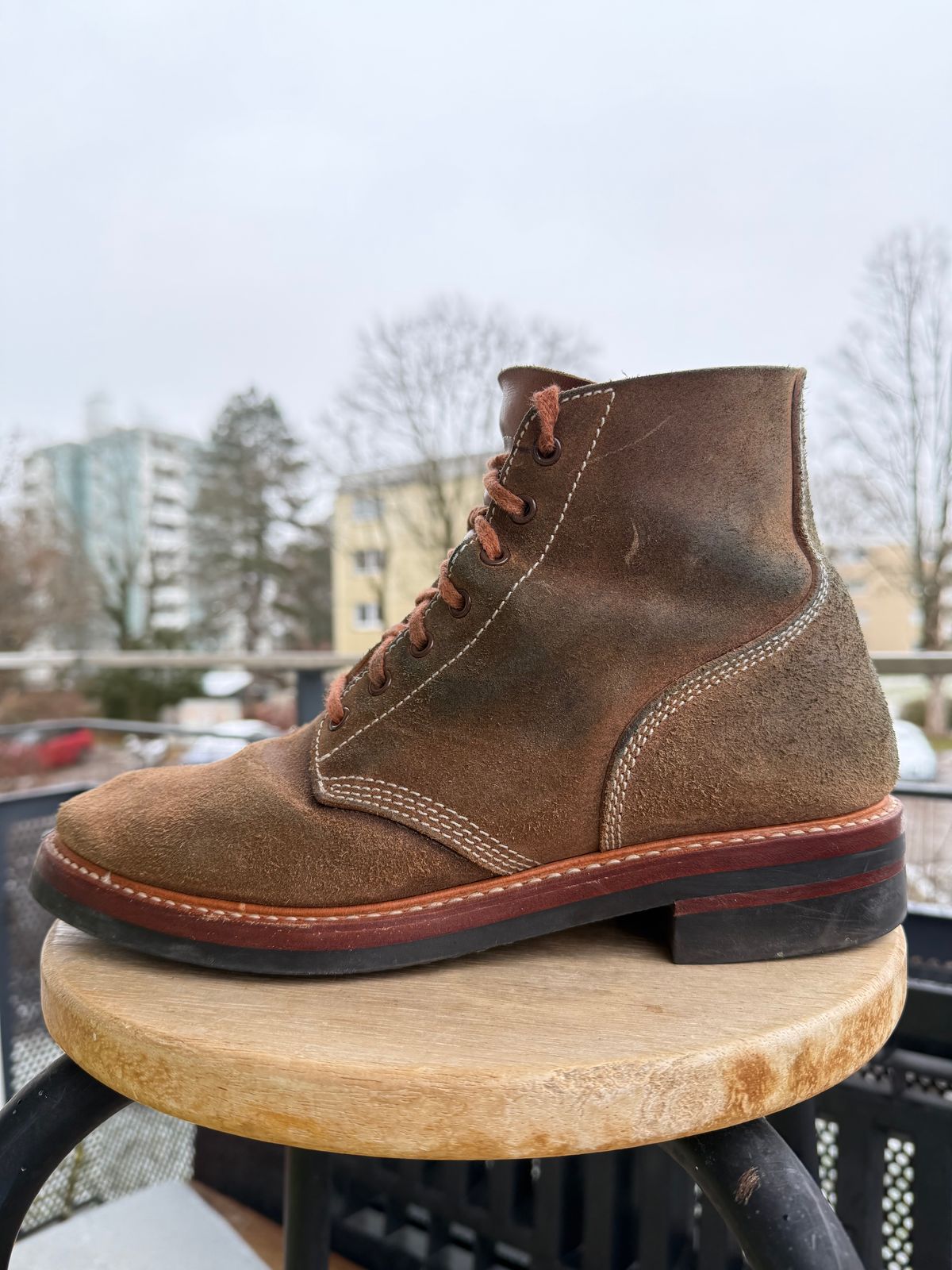 Photo by ruff.de.nimes on December 5, 2025 of the John Lofgren M-43 Service Shoes in Horween Leather CXL Natural Roughout.