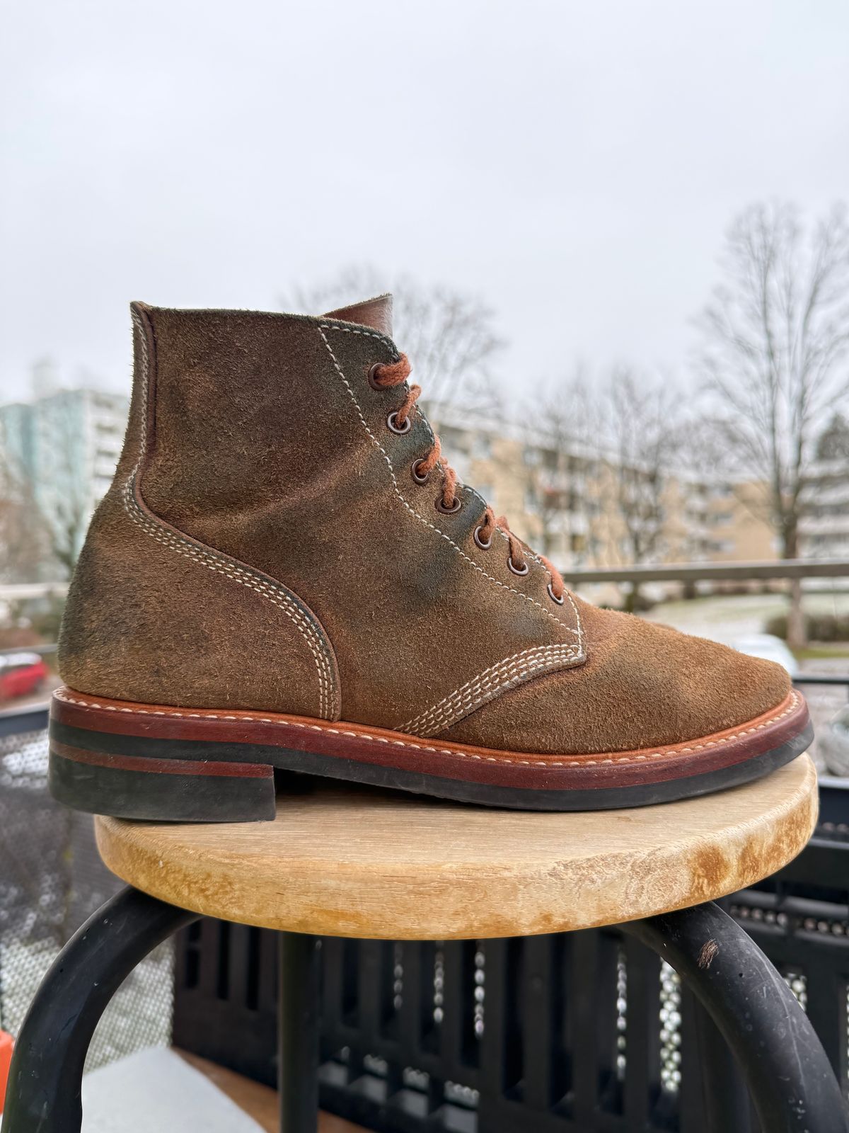 Photo by ruff.de.nimes on December 5, 2025 of the John Lofgren M-43 Service Shoes in Horween Leather CXL Natural Roughout.