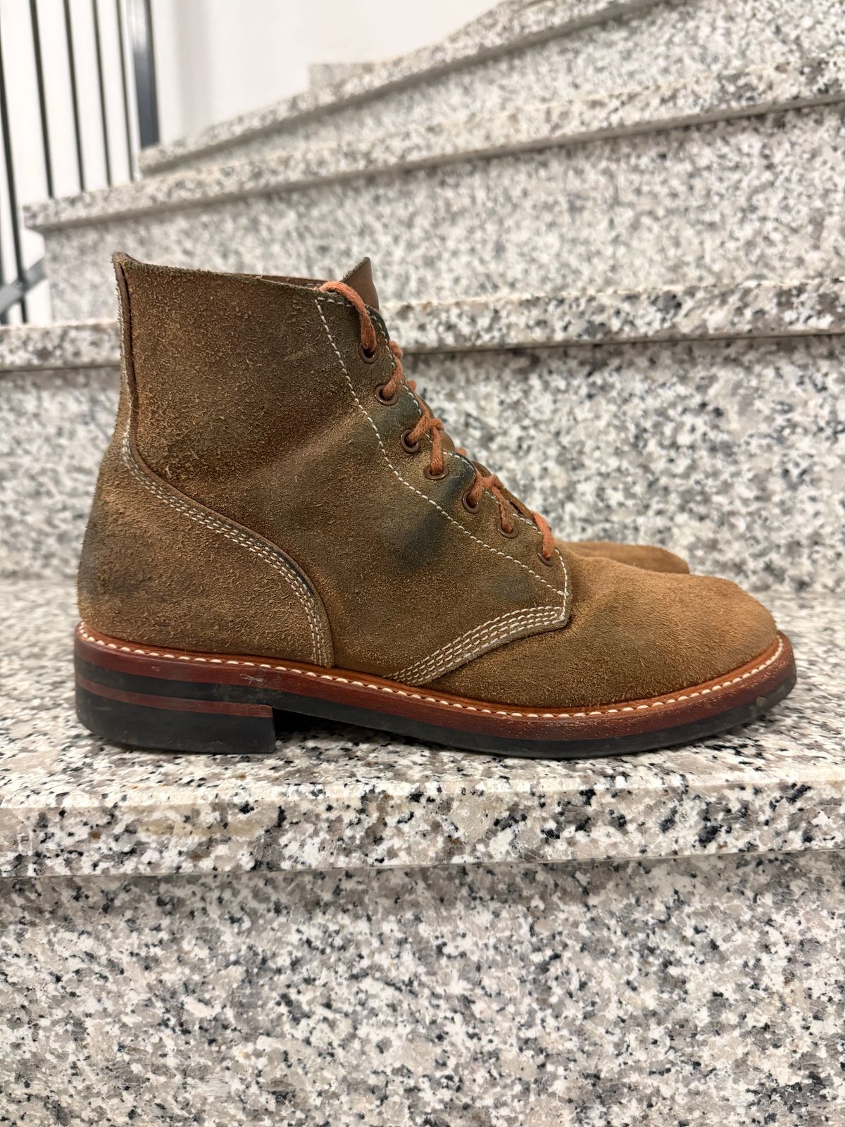 Photo by ruff.de.nimes on February 2, 2026 of the John Lofgren M-43 Service Shoes in Horween Leather CXL Natural Roughout.