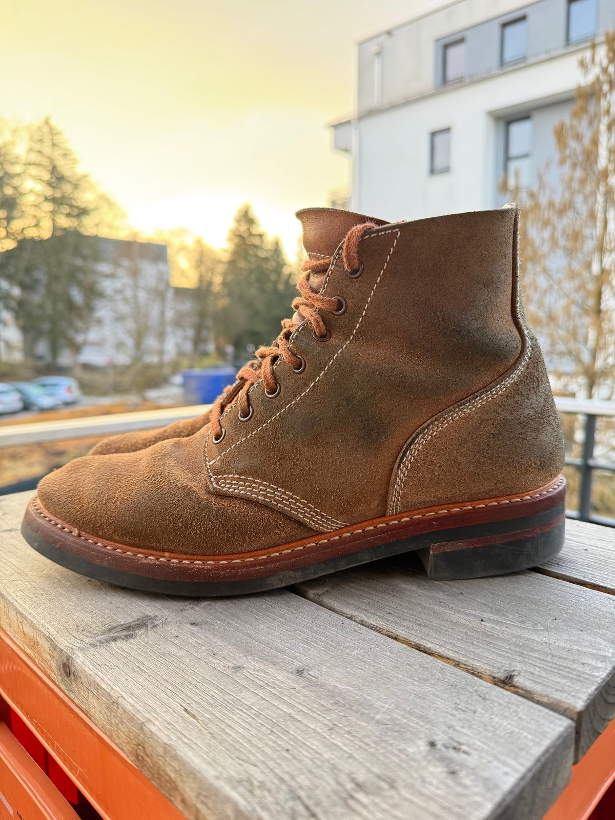 Photo by ruff.de.nimes on March 3, 2026 of the John Lofgren M-43 Service Shoes in Horween Leather CXL Natural Roughout.