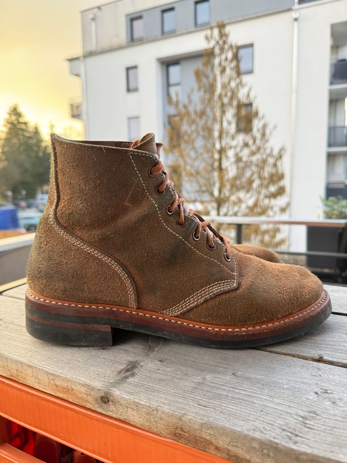 Photo by ruff.de.nimes on March 3, 2026 of the John Lofgren M-43 Service Shoes in Horween Leather CXL Natural Roughout.