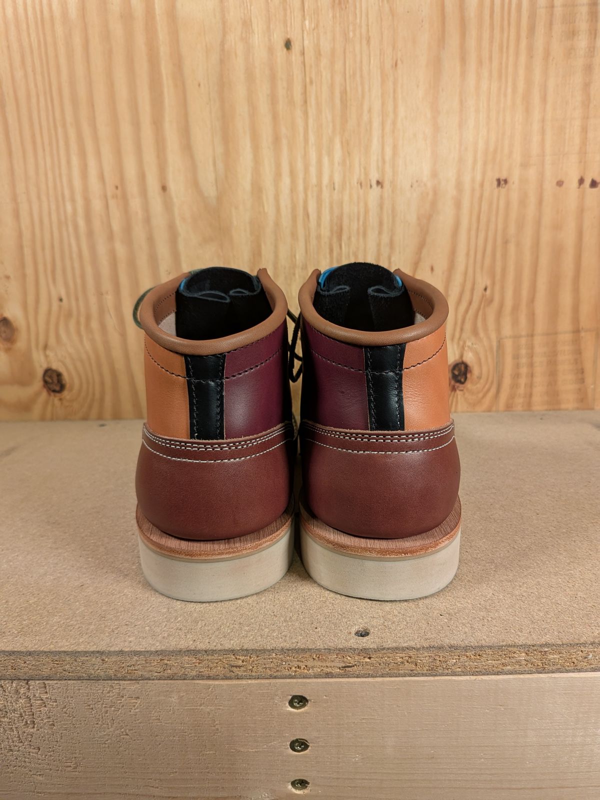 Photo by gotmoore on October 1, 2025 of the Nicks Moc Toe in Horween Black Chromexcel & Wickett & Craig Medium Brown Traditional Harness & Wickett & Craig Burgundy Traditional Harness.