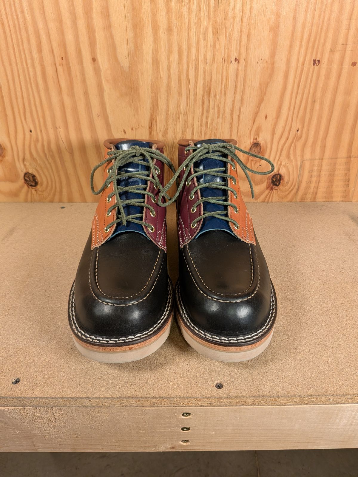 Photo by gotmoore on October 1, 2025 of the Nicks Moc Toe in Horween Black Chromexcel & Wickett & Craig Medium Brown Traditional Harness & Wickett & Craig Burgundy Traditional Harness.