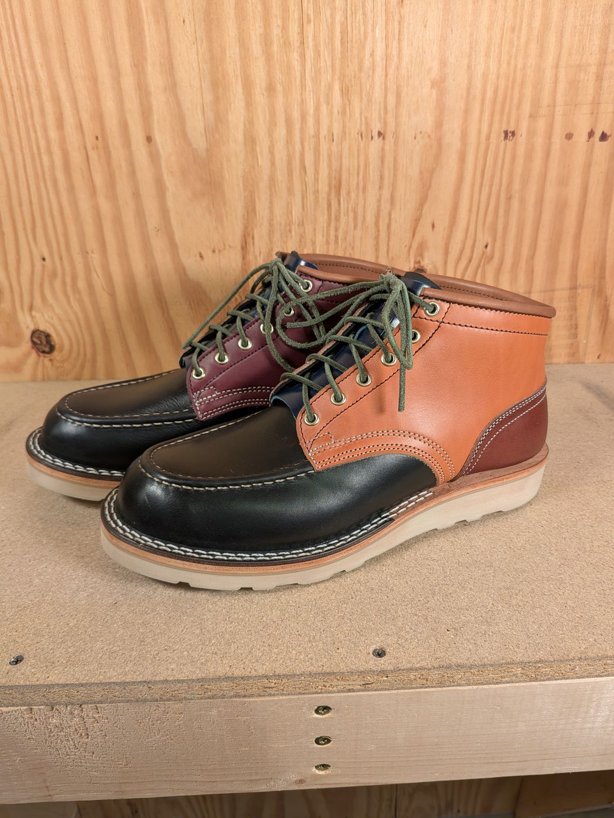 Photo by gotmoore on October 1, 2025 of the Nicks Moc Toe in Horween Black Chromexcel & Wickett & Craig Medium Brown Traditional Harness & Wickett & Craig Burgundy Traditional Harness.