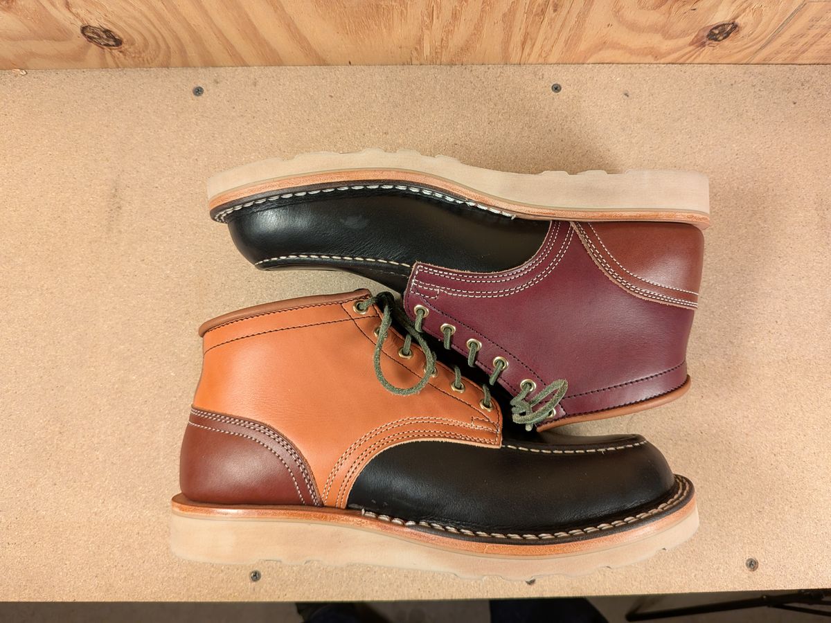 Photo by gotmoore on October 1, 2025 of the Nicks Moc Toe in Horween Black Chromexcel & Wickett & Craig Medium Brown Traditional Harness & Wickett & Craig Burgundy Traditional Harness.