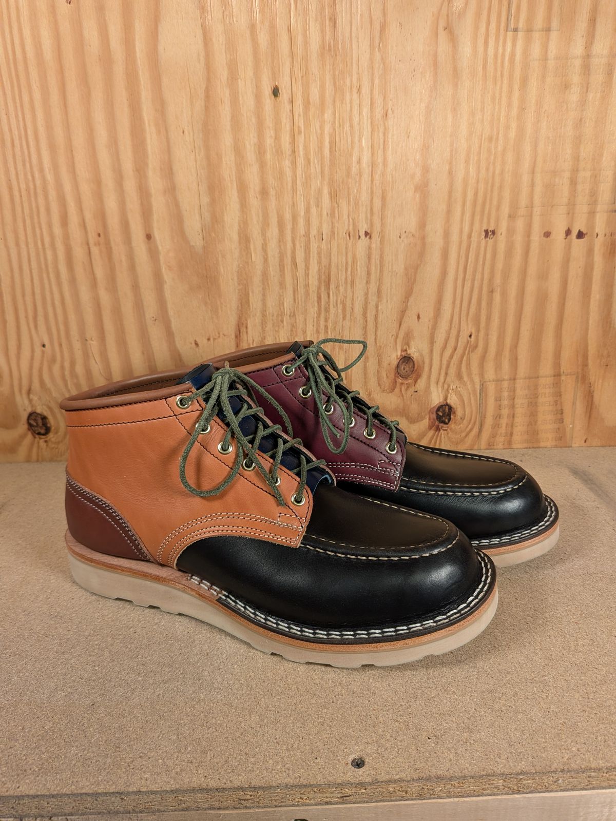 Photo by gotmoore on October 1, 2025 of the Nicks Moc Toe in Horween Black Chromexcel & Wickett & Craig Medium Brown Traditional Harness & Wickett & Craig Burgundy Traditional Harness.