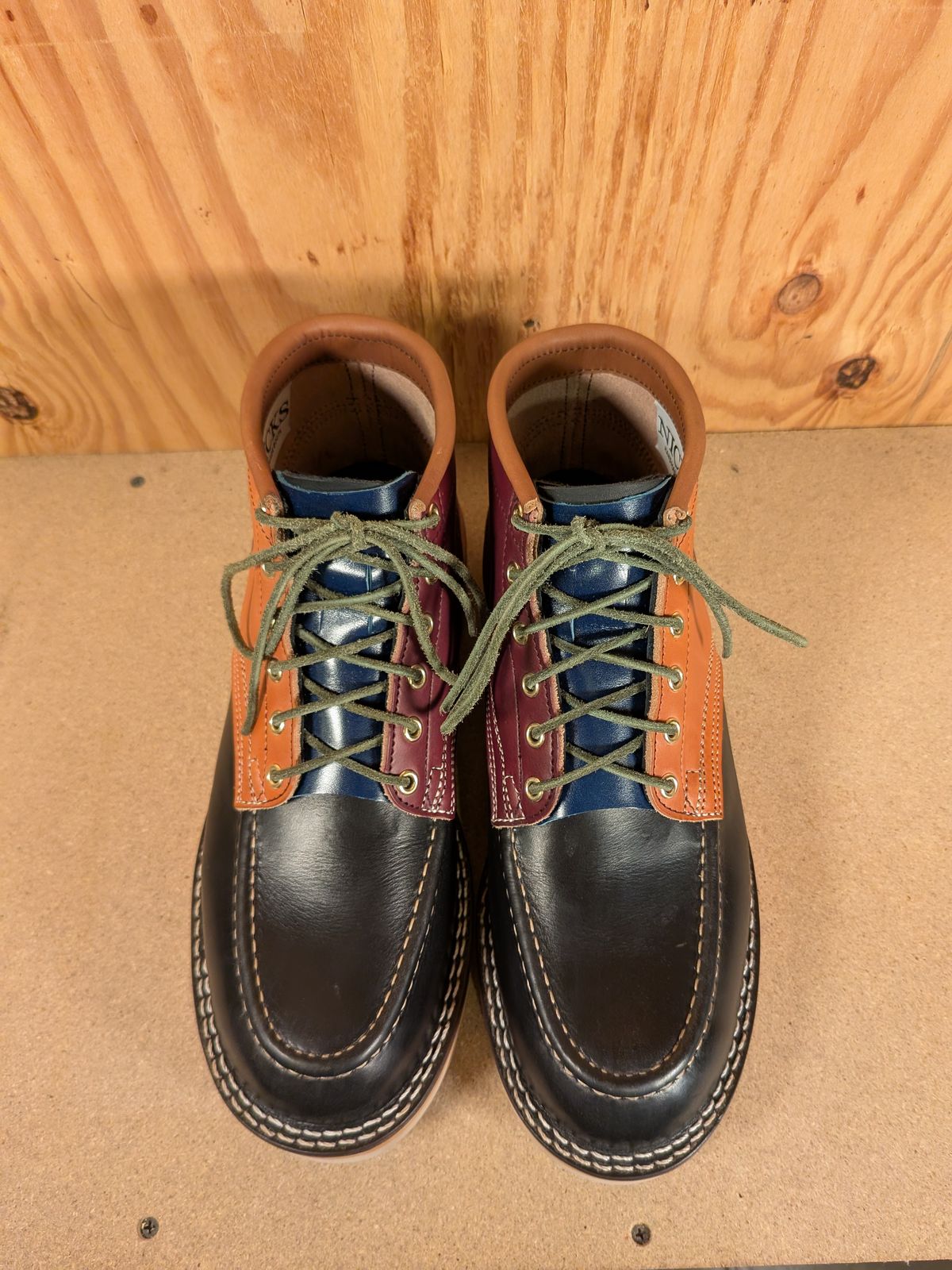 Photo by gotmoore on October 1, 2025 of the Nicks Moc Toe in Horween Black Chromexcel & Wickett & Craig Medium Brown Traditional Harness & Wickett & Craig Burgundy Traditional Harness.