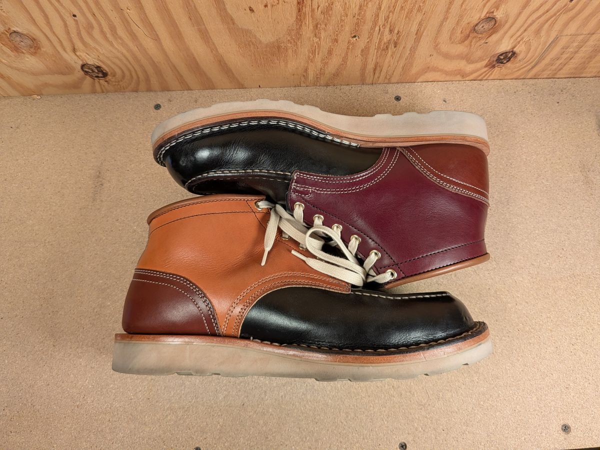Photo by gotmoore on November 1, 2025 of the Nicks Moc Toe in Horween Black Chromexcel & Wickett & Craig Medium Brown Traditional Harness & Wickett & Craig Burgundy Traditional Harness.