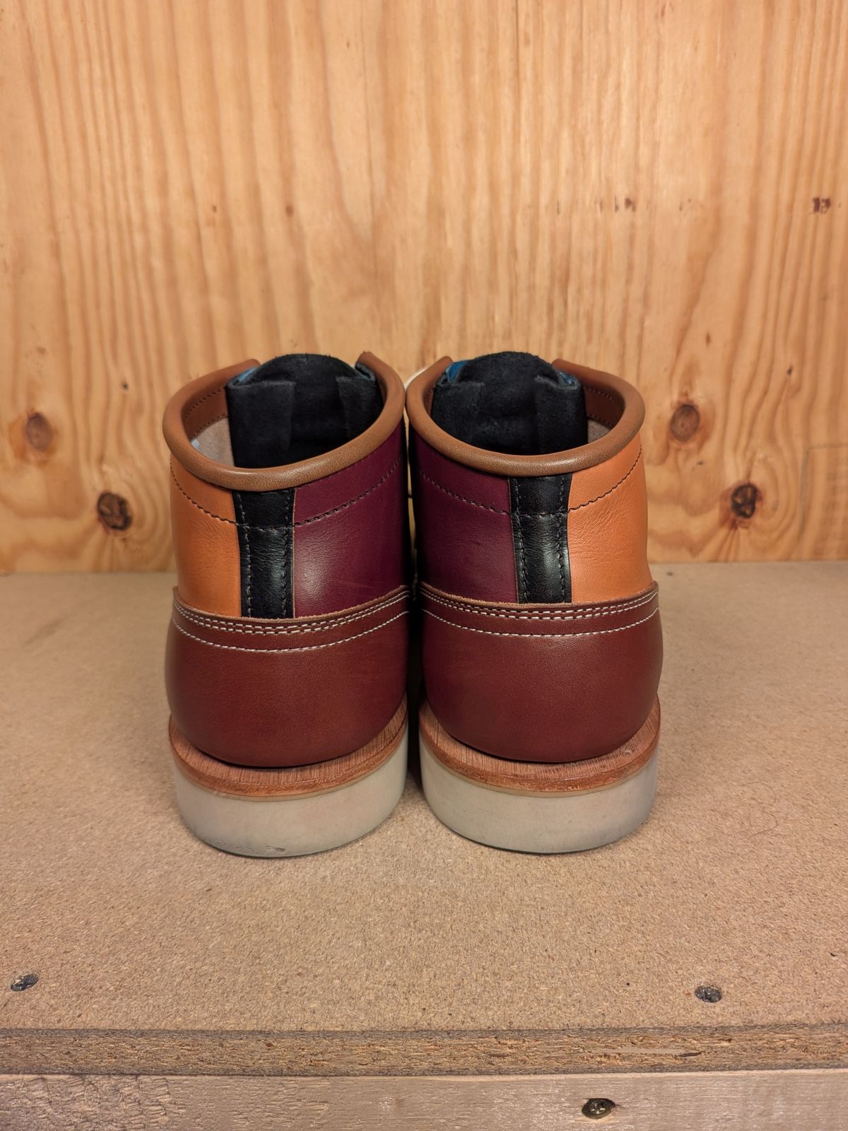 Photo by gotmoore on November 1, 2025 of the Nicks Moc Toe in Horween Black Chromexcel & Wickett & Craig Medium Brown Traditional Harness & Wickett & Craig Burgundy Traditional Harness.