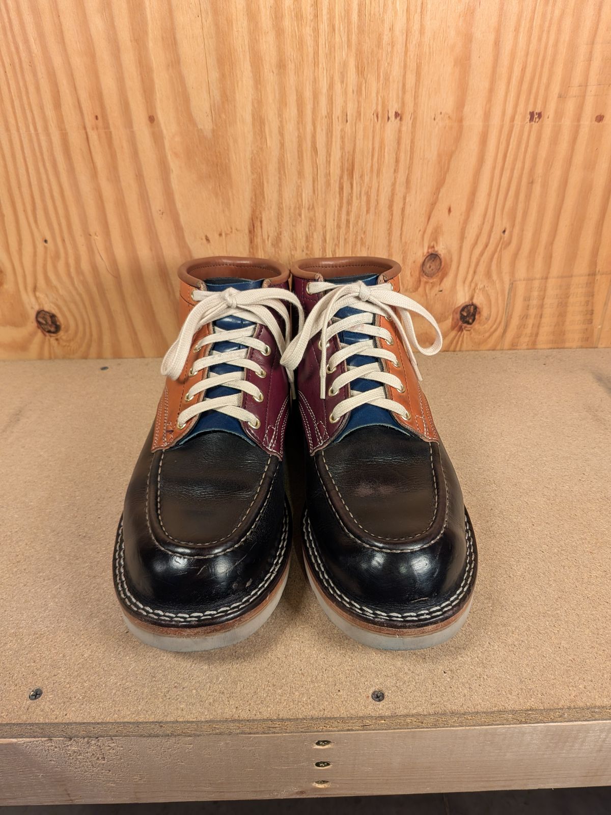 Photo by gotmoore on November 1, 2025 of the Nicks Moc Toe in Horween Black Chromexcel & Wickett & Craig Medium Brown Traditional Harness & Wickett & Craig Burgundy Traditional Harness.