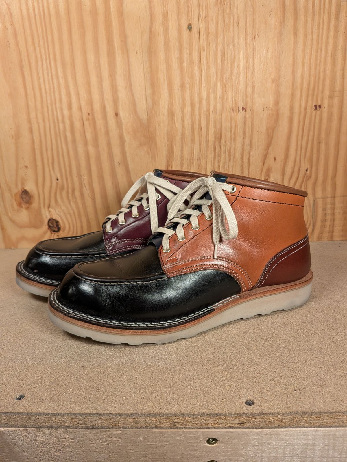 Photo by gotmoore on November 1, 2025 of the Nicks Moc Toe in Horween Black Chromexcel & Wickett & Craig Medium Brown Traditional Harness & Wickett & Craig Burgundy Traditional Harness.