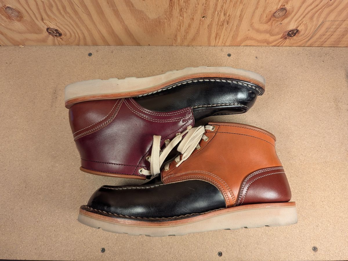 Photo by gotmoore on November 1, 2025 of the Nicks Moc Toe in Horween Black Chromexcel & Wickett & Craig Medium Brown Traditional Harness & Wickett & Craig Burgundy Traditional Harness.