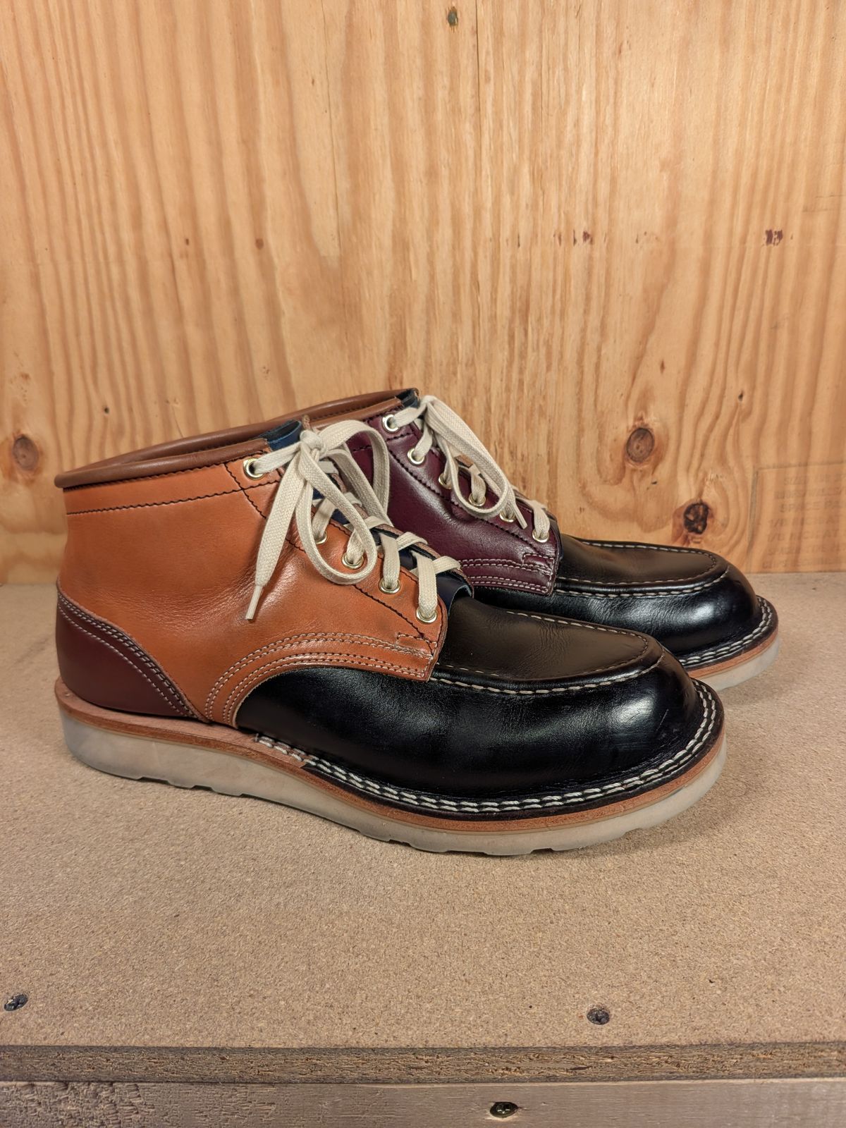 Photo by gotmoore on November 1, 2025 of the Nicks Moc Toe in Horween Black Chromexcel & Wickett & Craig Medium Brown Traditional Harness & Wickett & Craig Burgundy Traditional Harness.