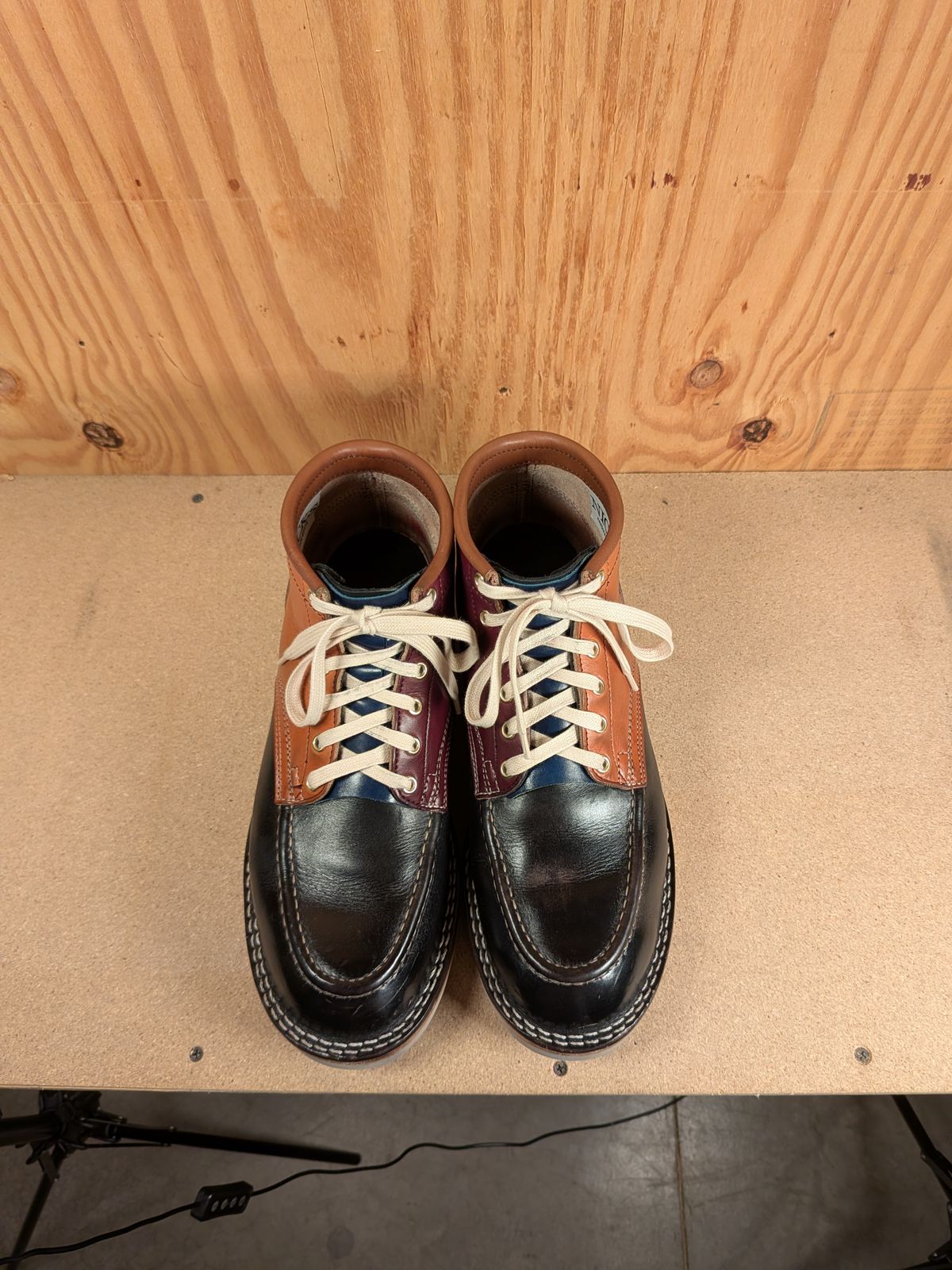 Photo by gotmoore on November 1, 2025 of the Nicks Moc Toe in Horween Black Chromexcel & Wickett & Craig Medium Brown Traditional Harness & Wickett & Craig Burgundy Traditional Harness.